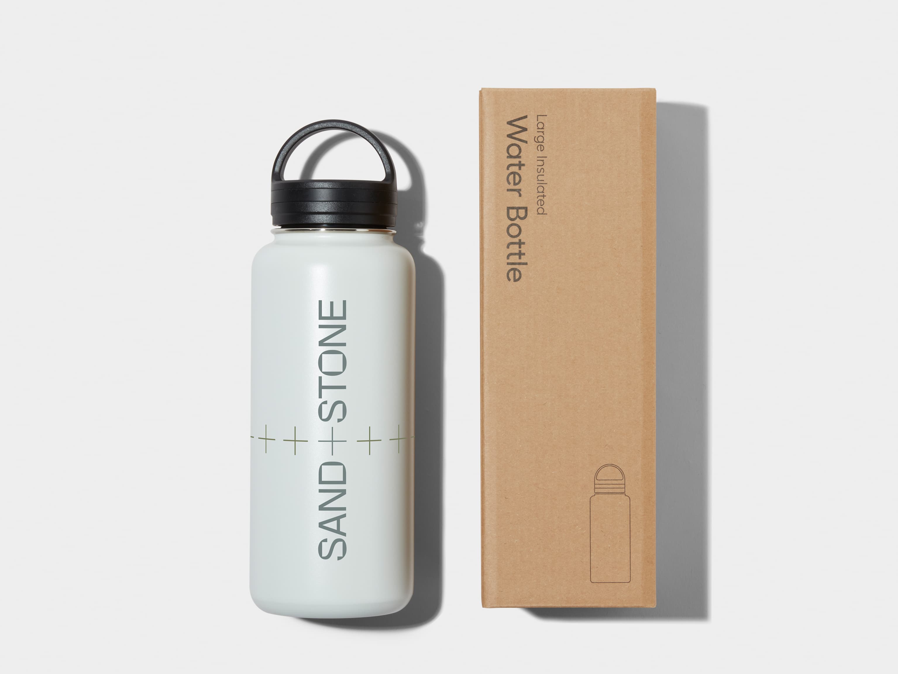 Large Insulated Water Bottle in Cloudy Grey with 360 wrap printing customisation next to its packaging