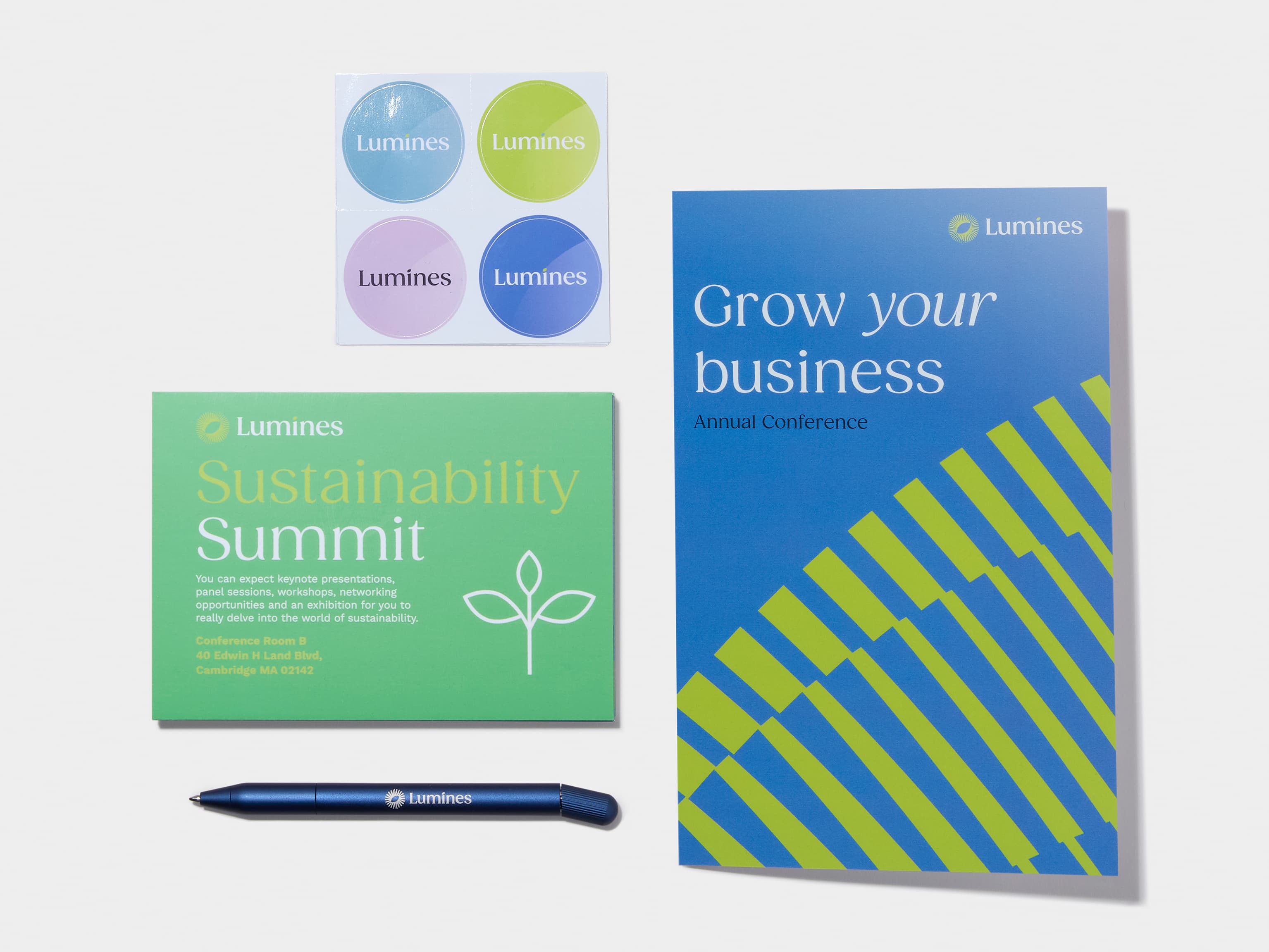 A collection of customised products including a bi-fold gloss brochure, pen and stickers.