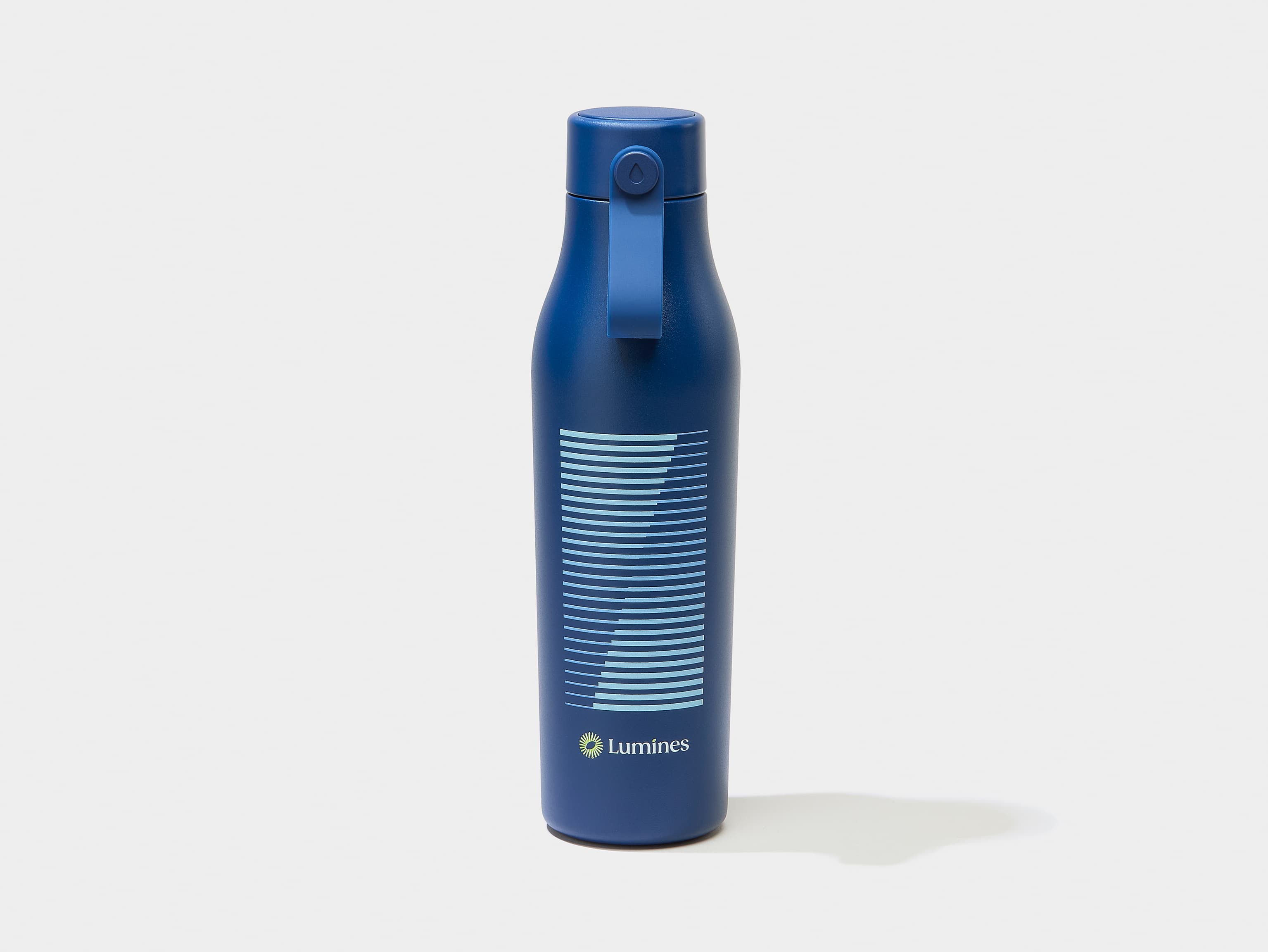 A blue water bottle with custom light blue branding.