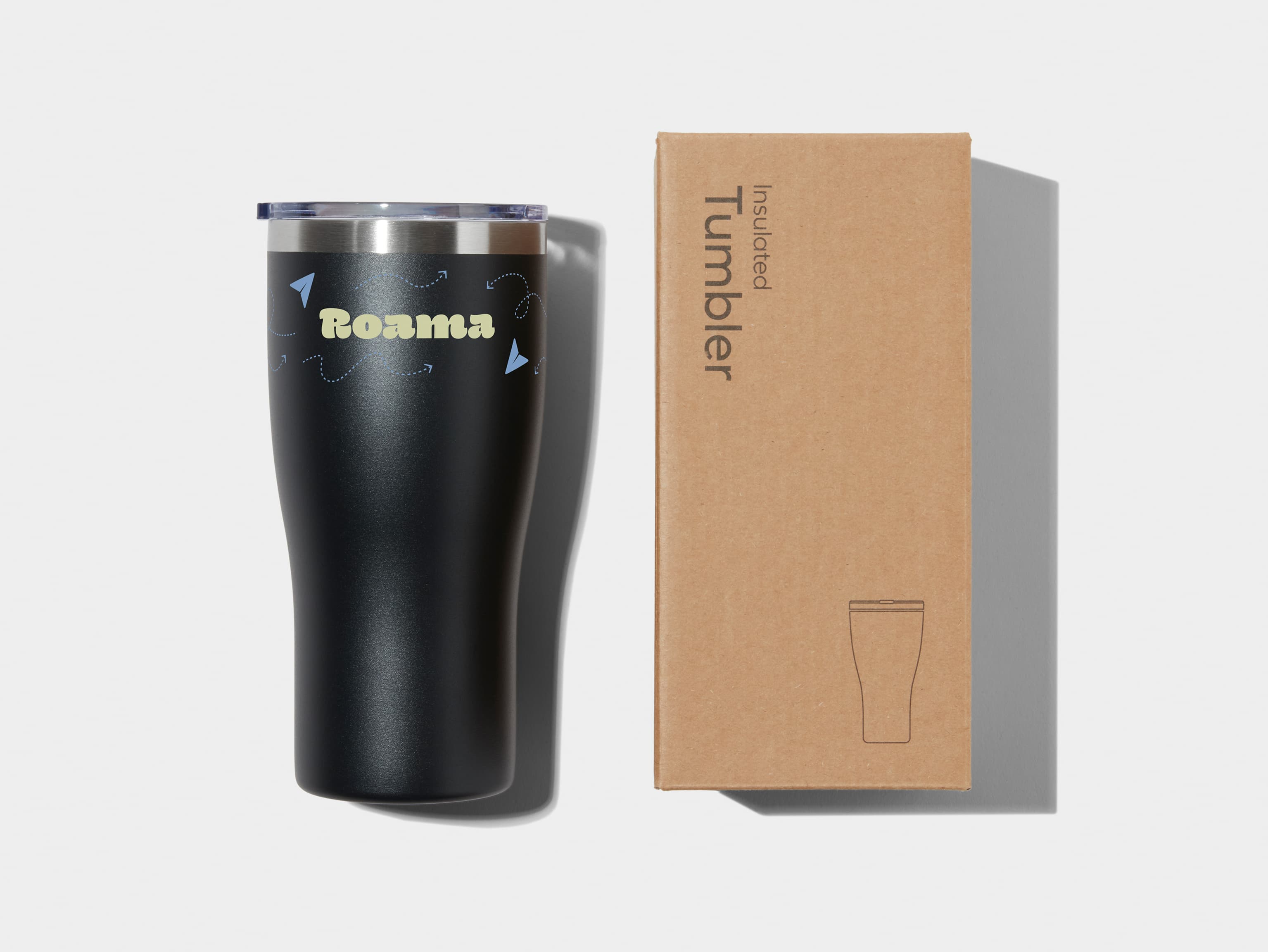 Insulated Tumbler in Jet Black with 360 wrap printing customisation next to its packaging