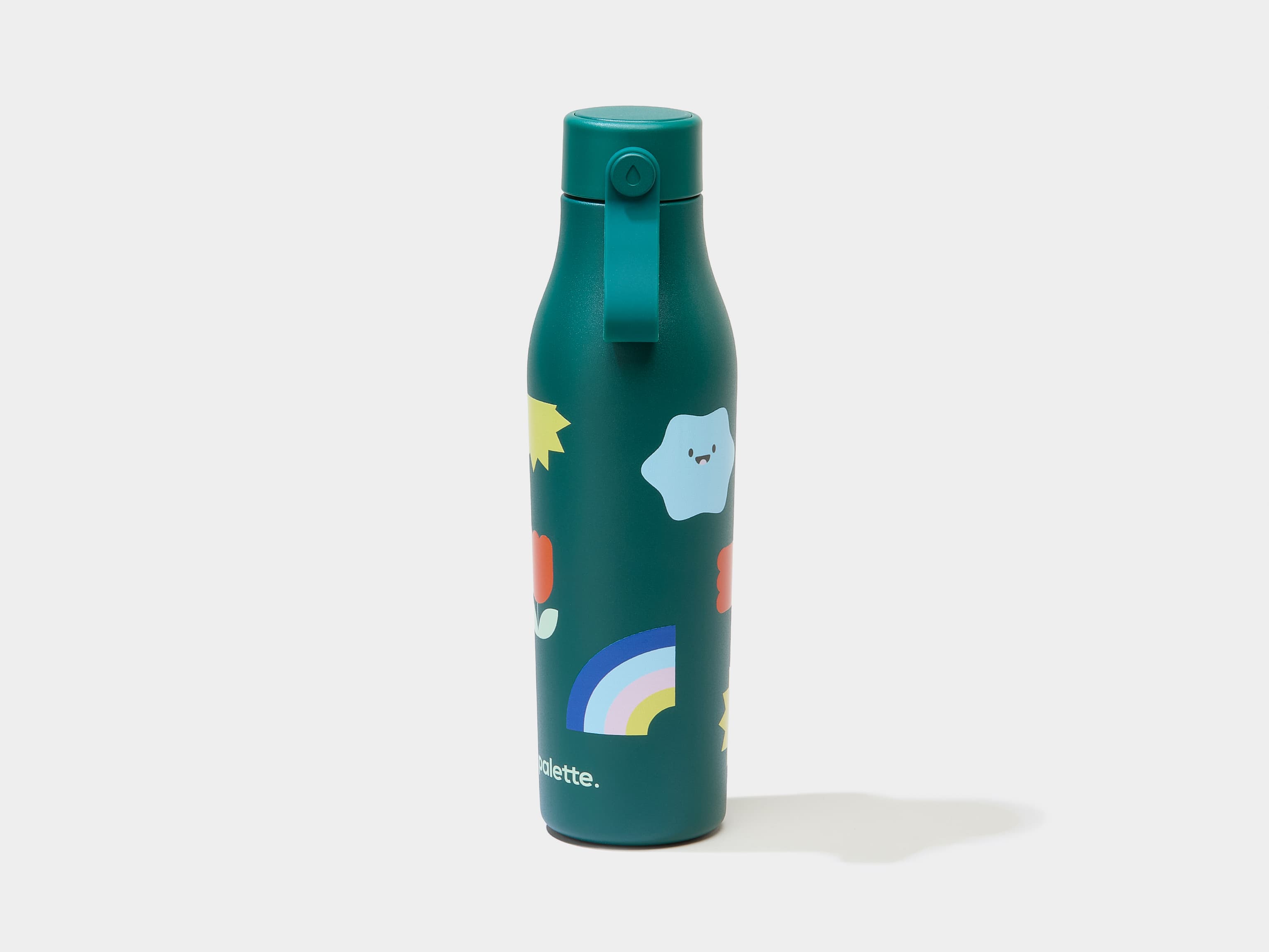 A green water bottle with custom branding.