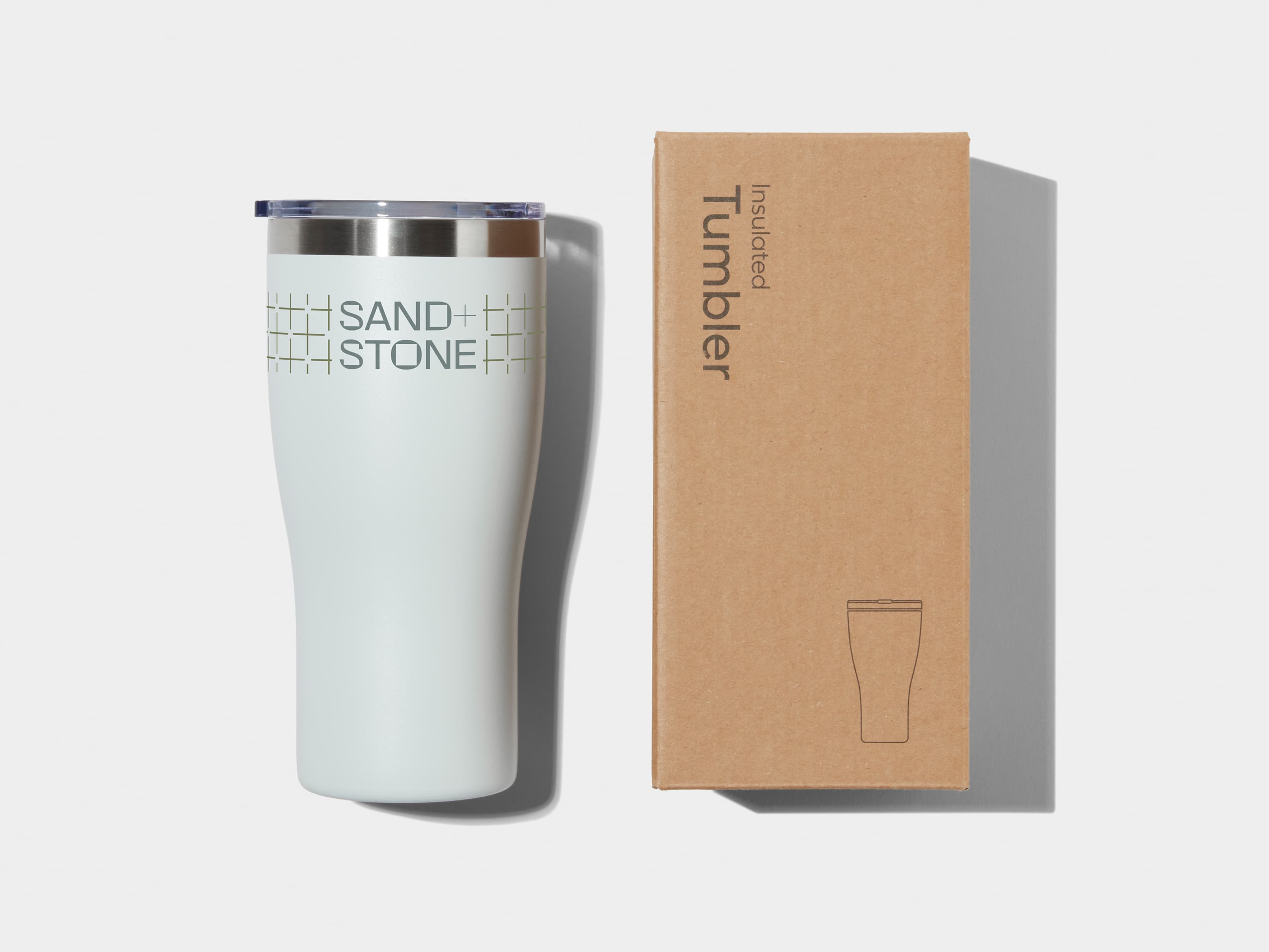 Insulated Tumbler in Cloudy Grey with 360 wrap printing customisation next to its packaging