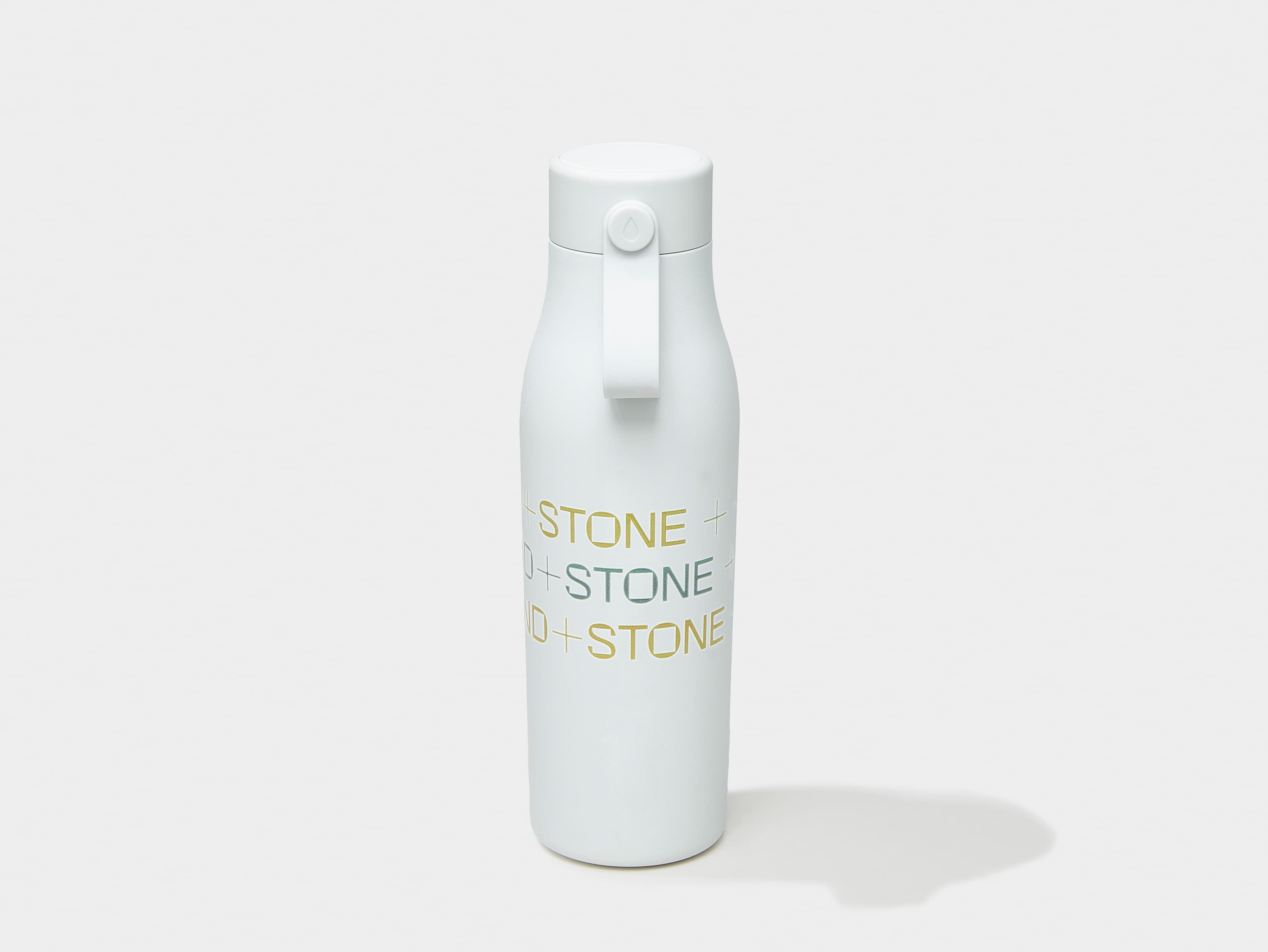 A cloudy grey MOO water bottle with 360 wrap printing customization.