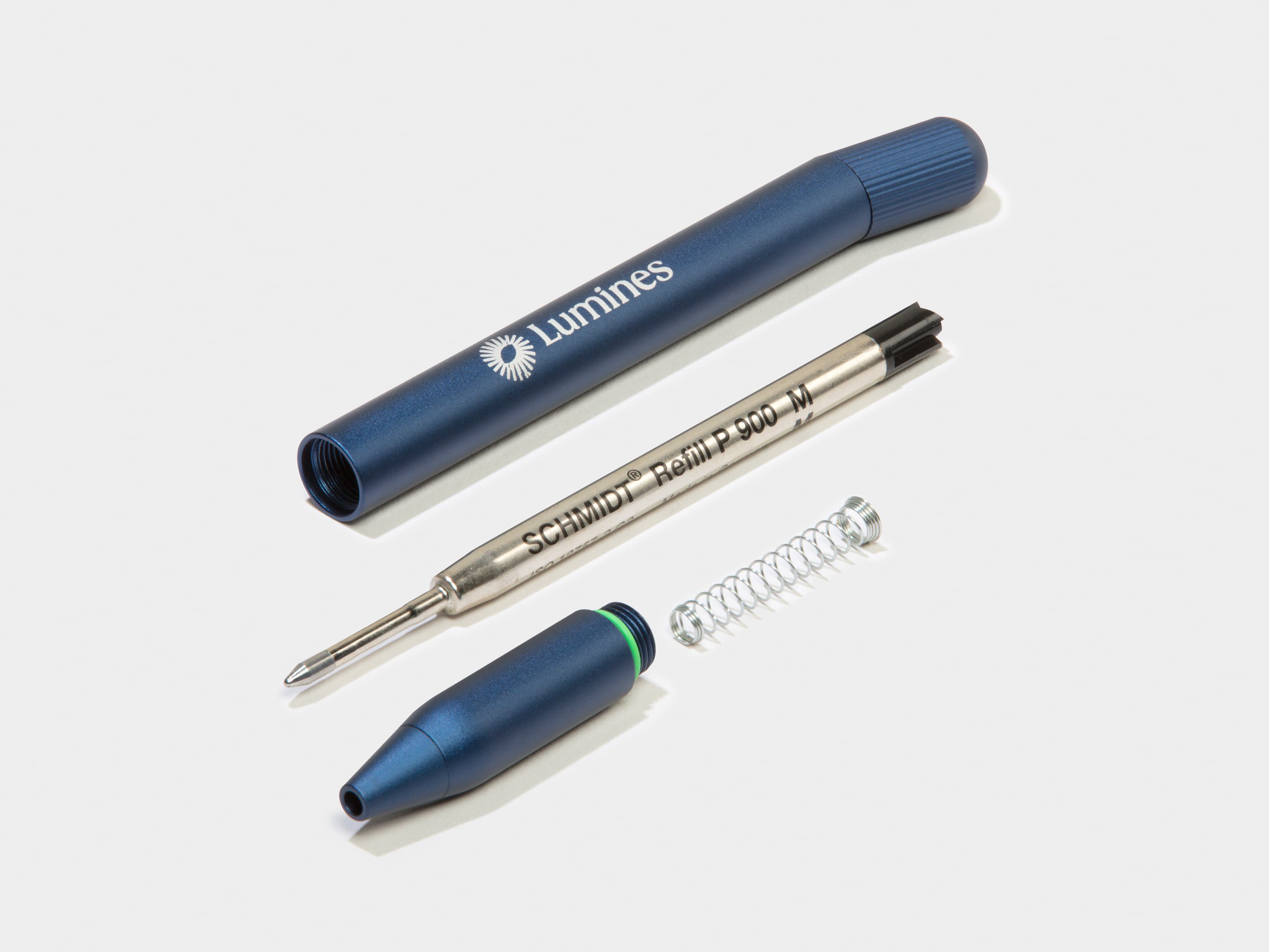 A disassembled customised blue pen.