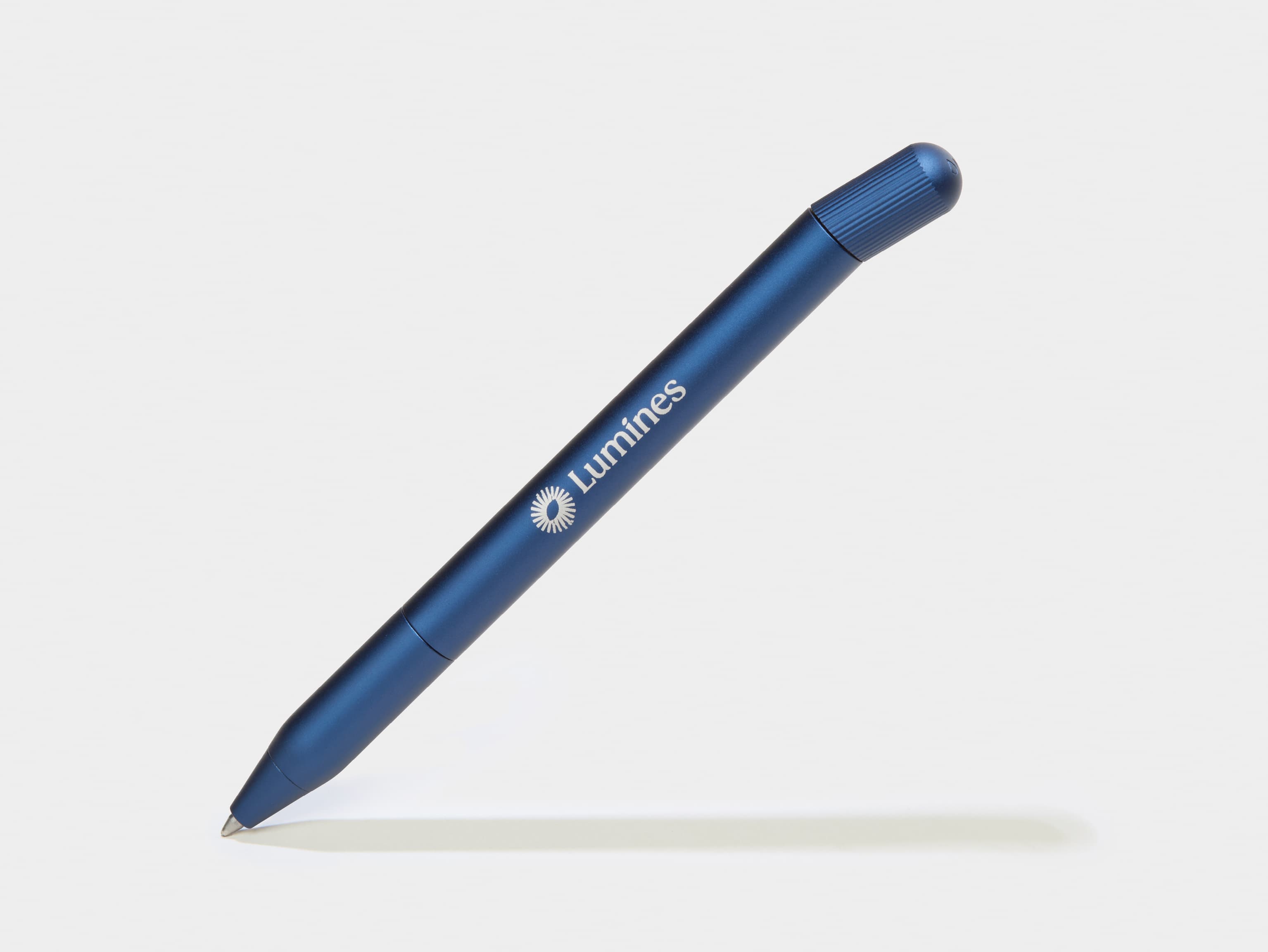 A blue pen with white custom branding.