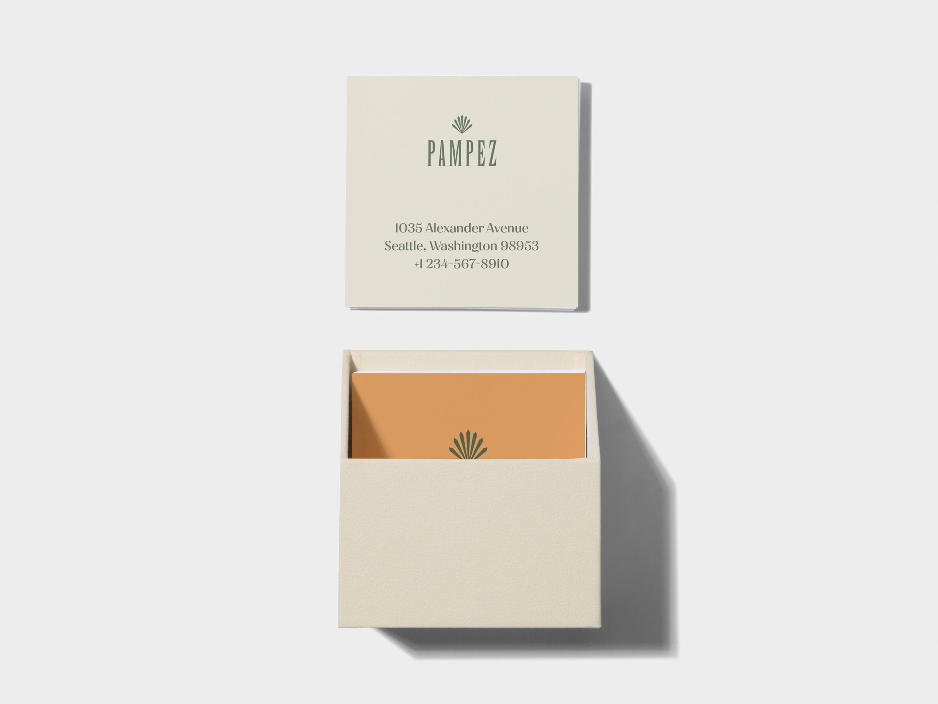 An open off white business card box with custom luxe business cards placed above and inside.