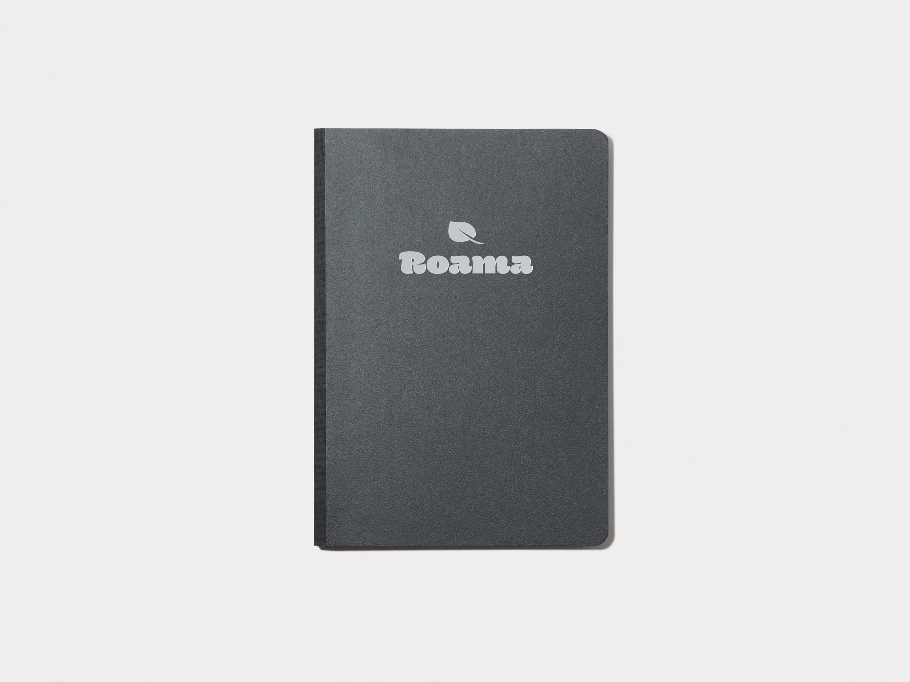 A jet black softcover notebook with silver foil customisation.