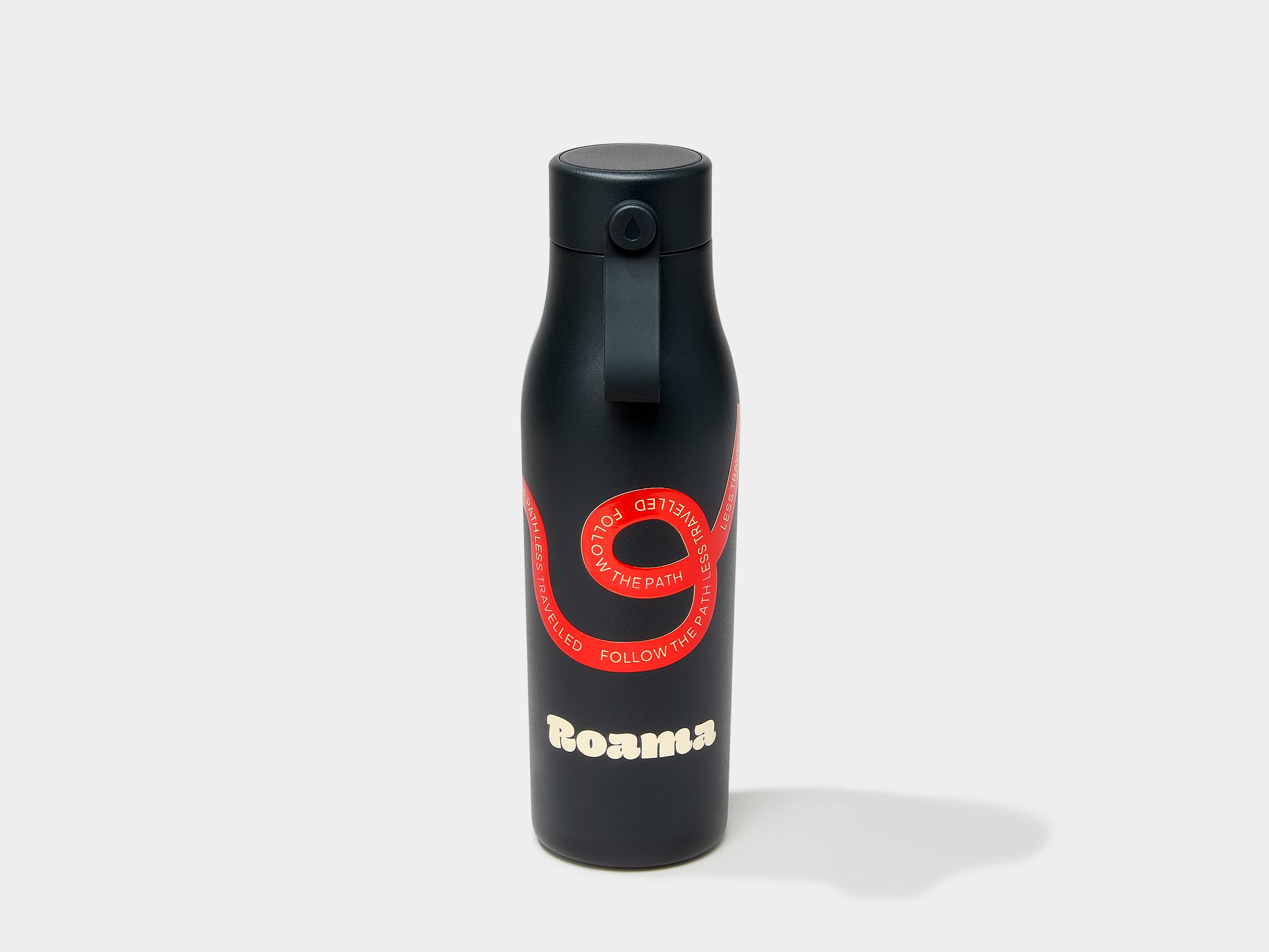 A jet black MOO water bottle with 360 wrap printing customization.