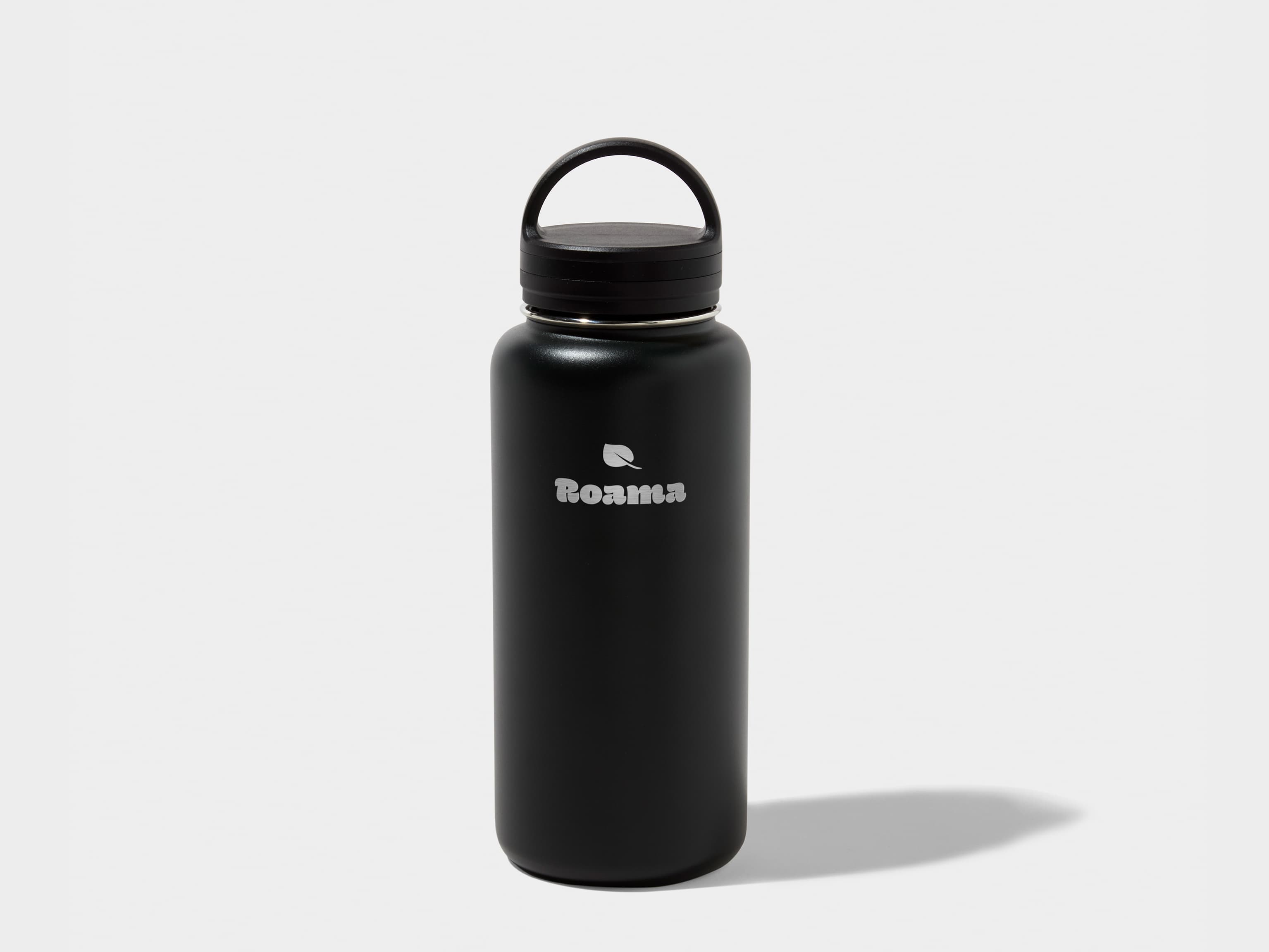 A large jet black water bottle with engraving customisation.