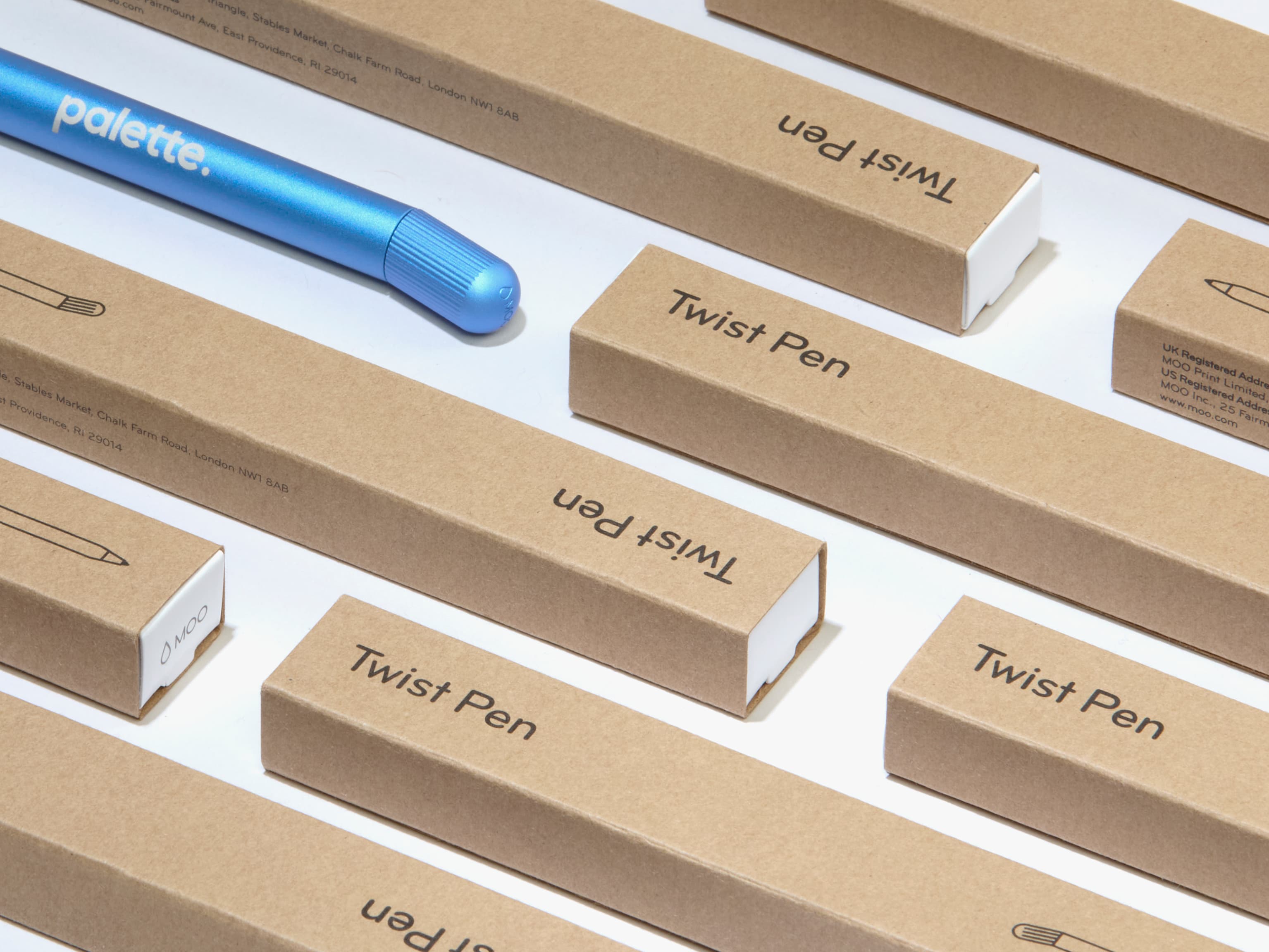 MOO Twist Pen packaging with a custom light blue pen.