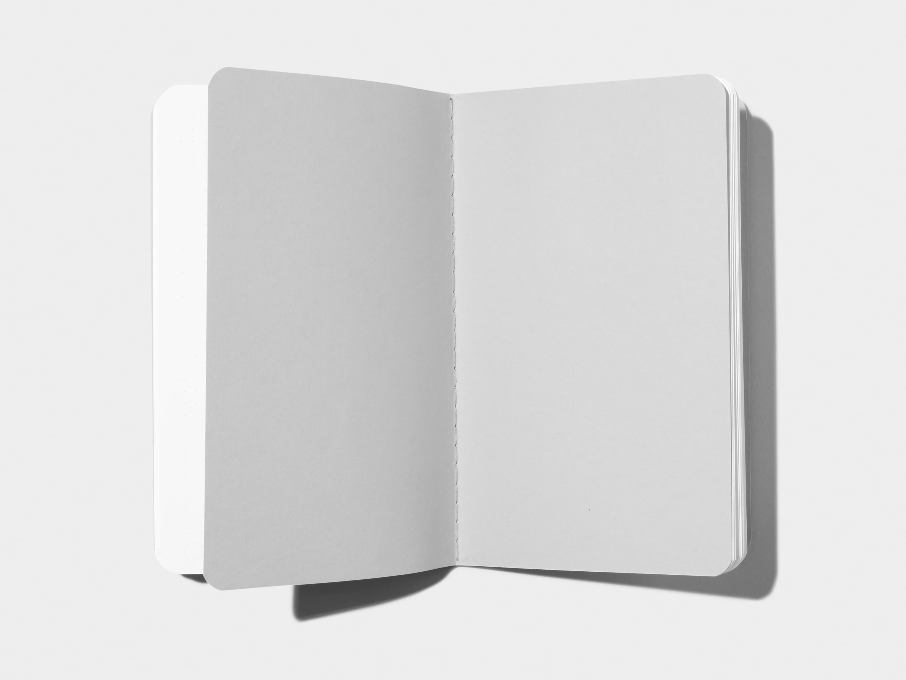 Charcoal grey soft cover journal opened with an empty page