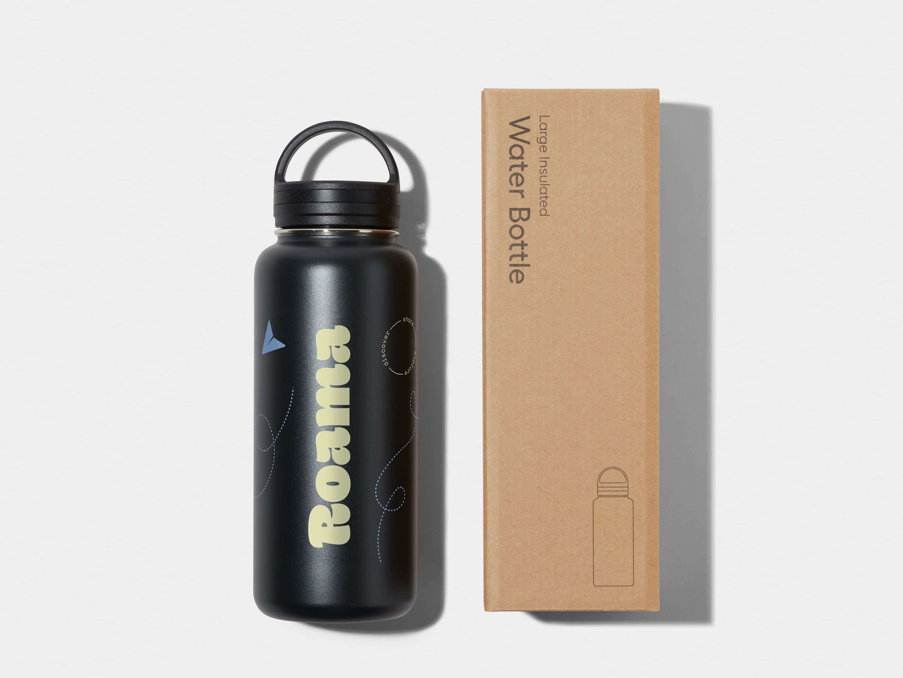 Large Insulated Water Bottle in Jet Black with 360 wrap printing customisation next to its packaging