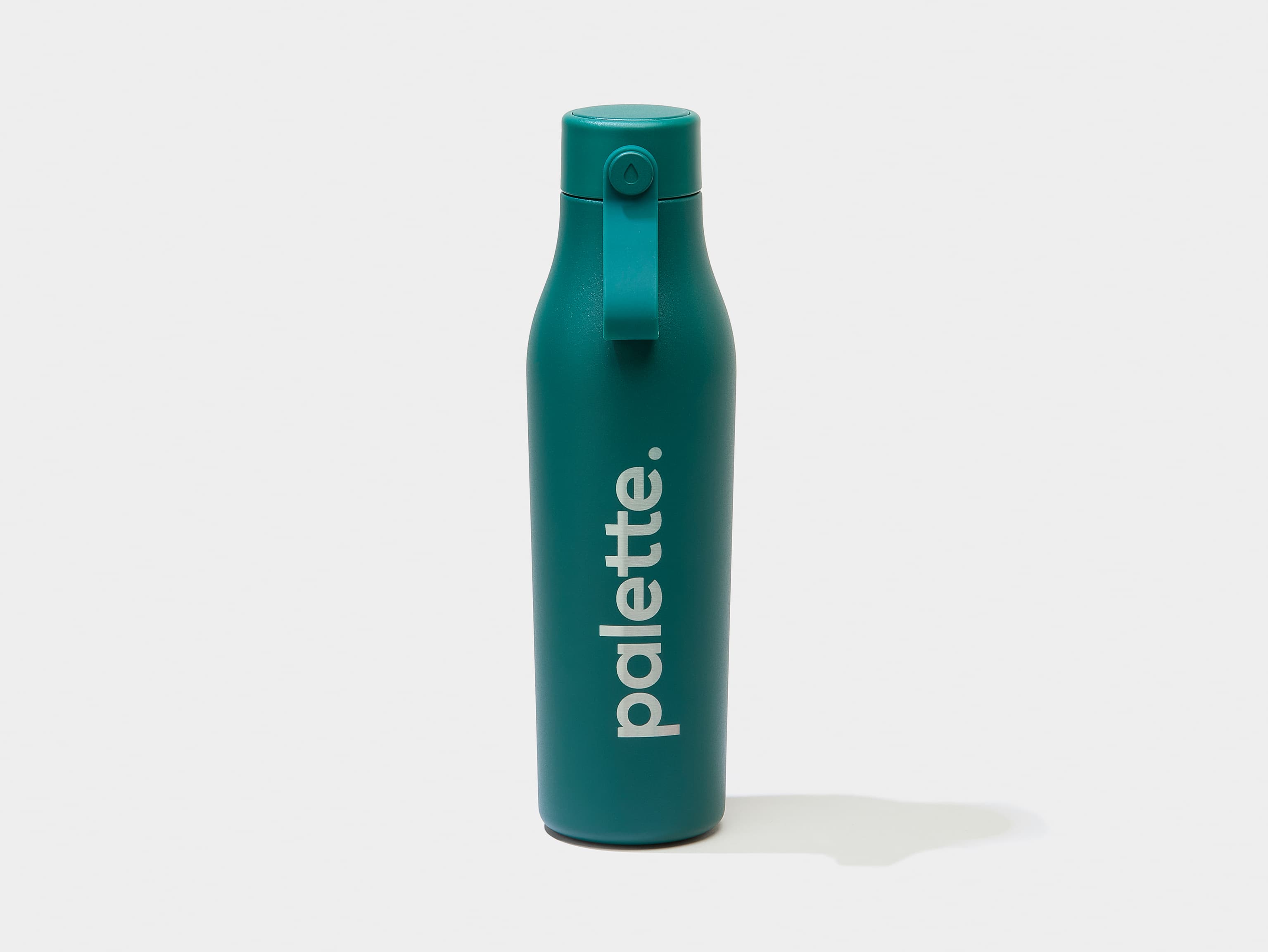 A green water bottle with custom silver branding.