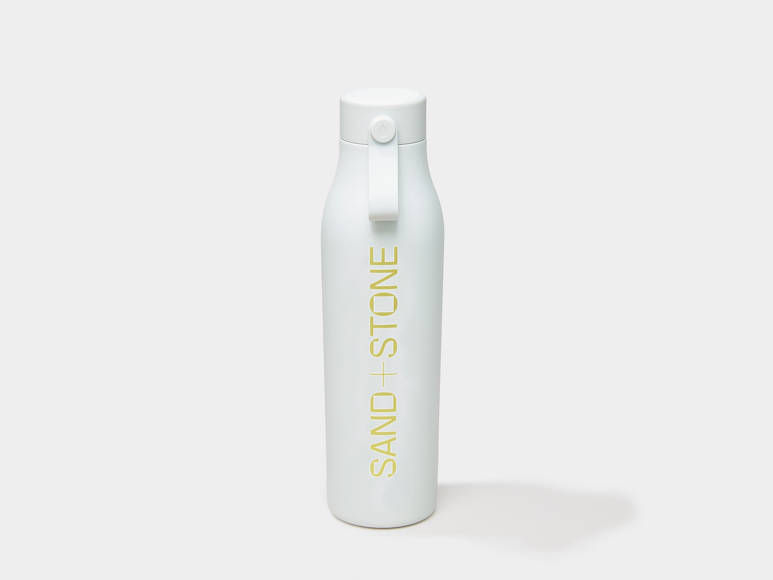 A cloudy grey MOO water bottle with custom printing.