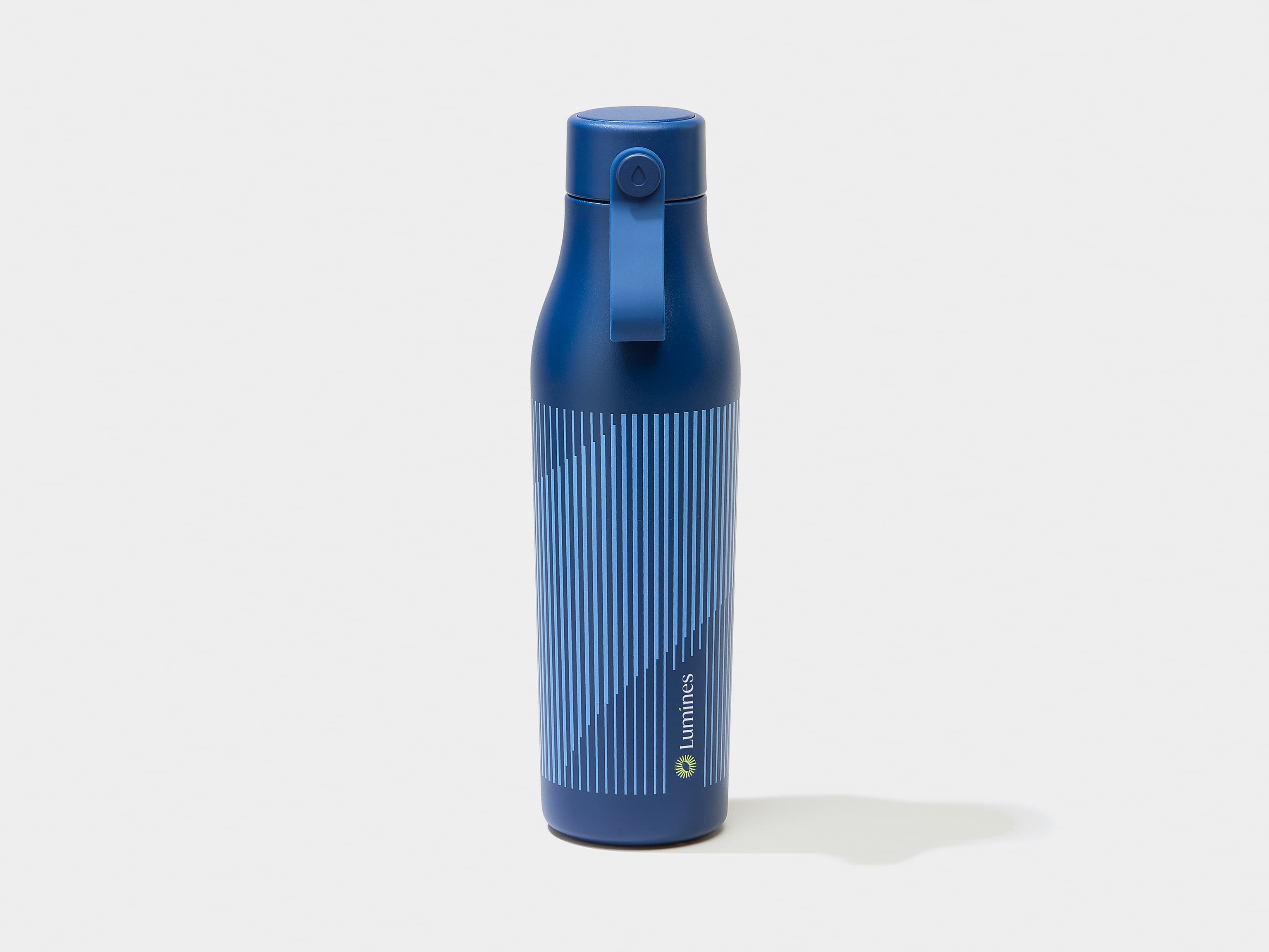 A blue water bottle with light blue custom branding.