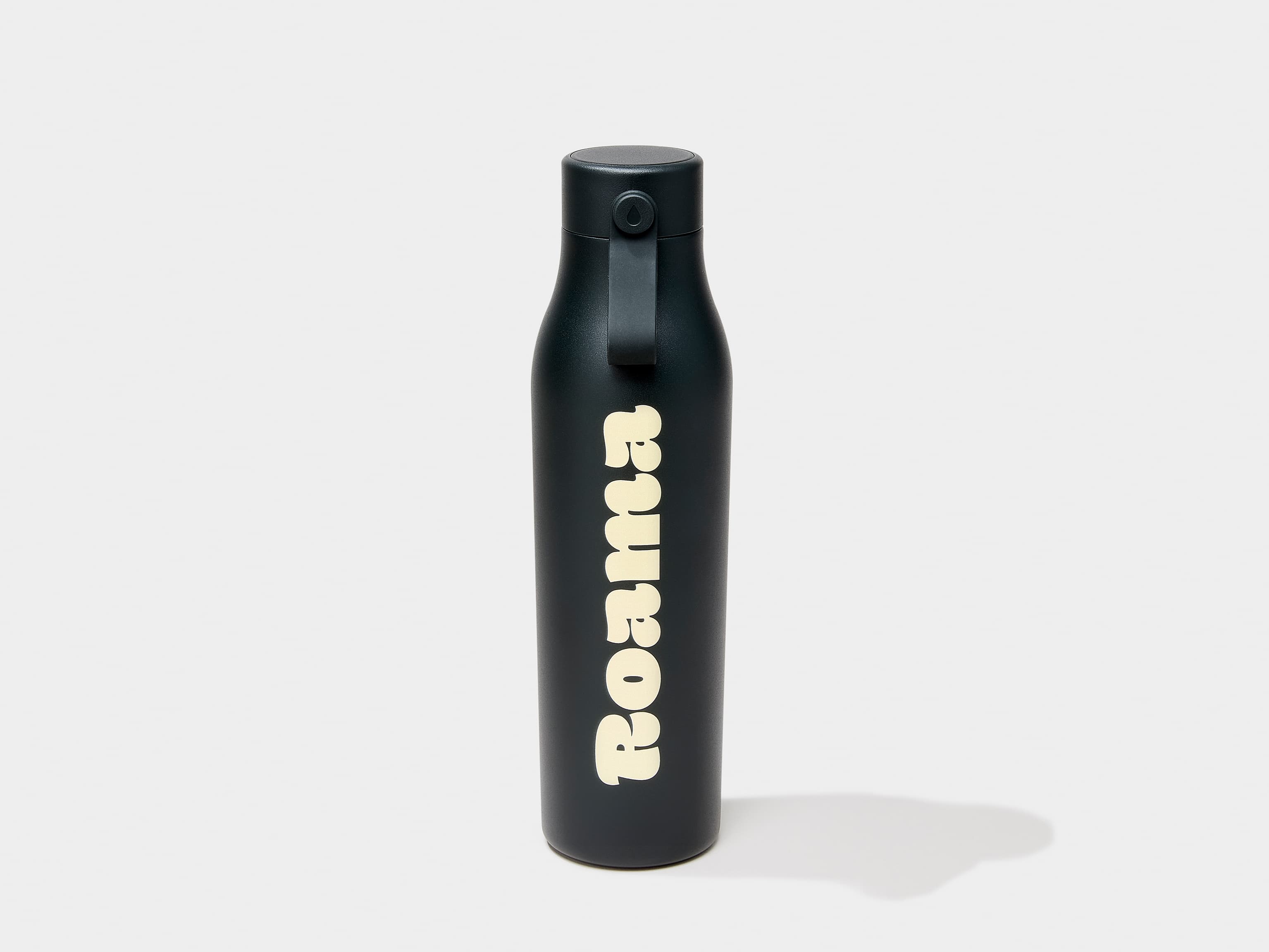 A jet black MOO water bottle with custom printing.