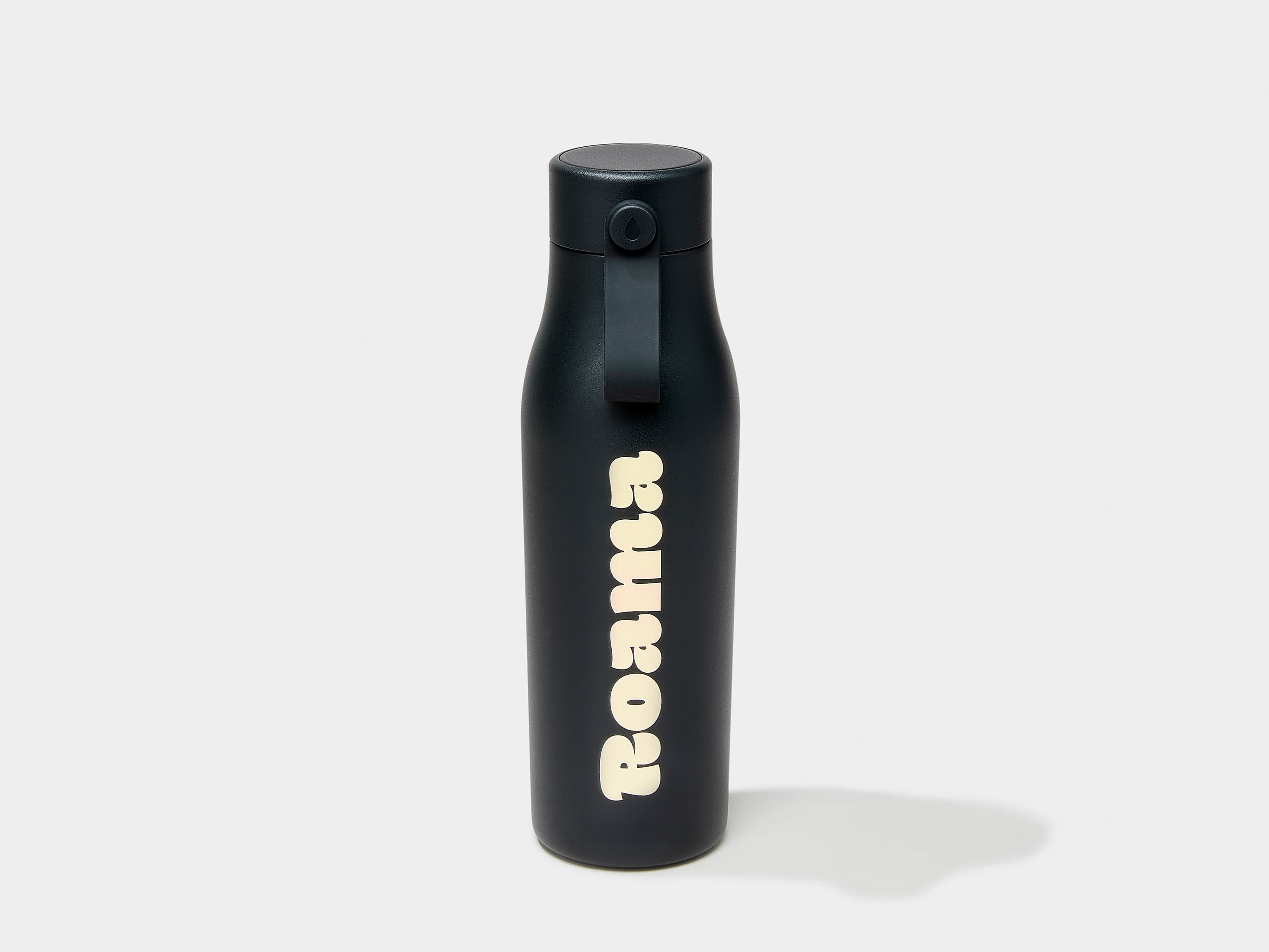 A jet black MOO water bottle with printing customization.