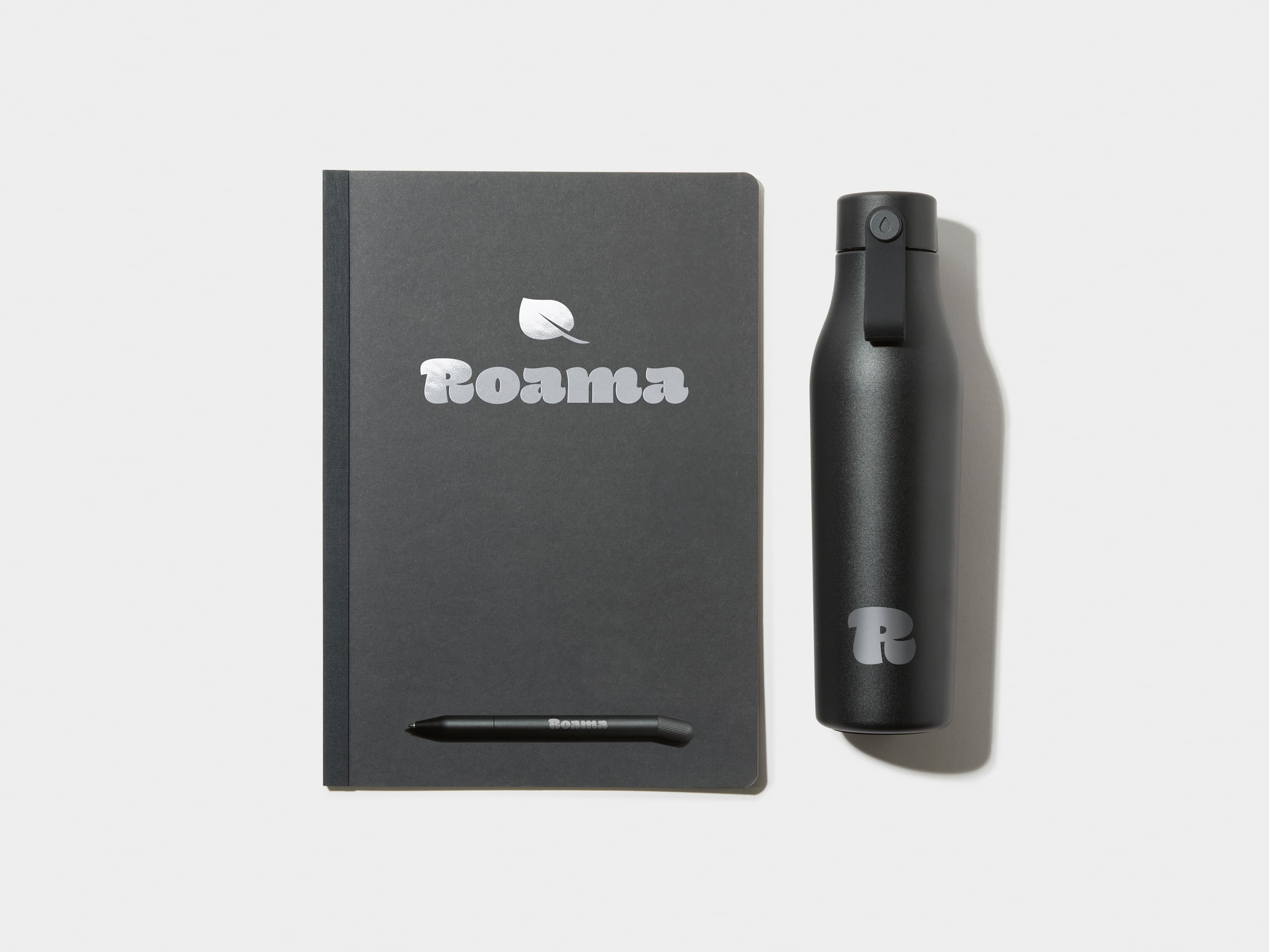 Black Tape Bound Notebook, Black Pen and Black Water Bottle 