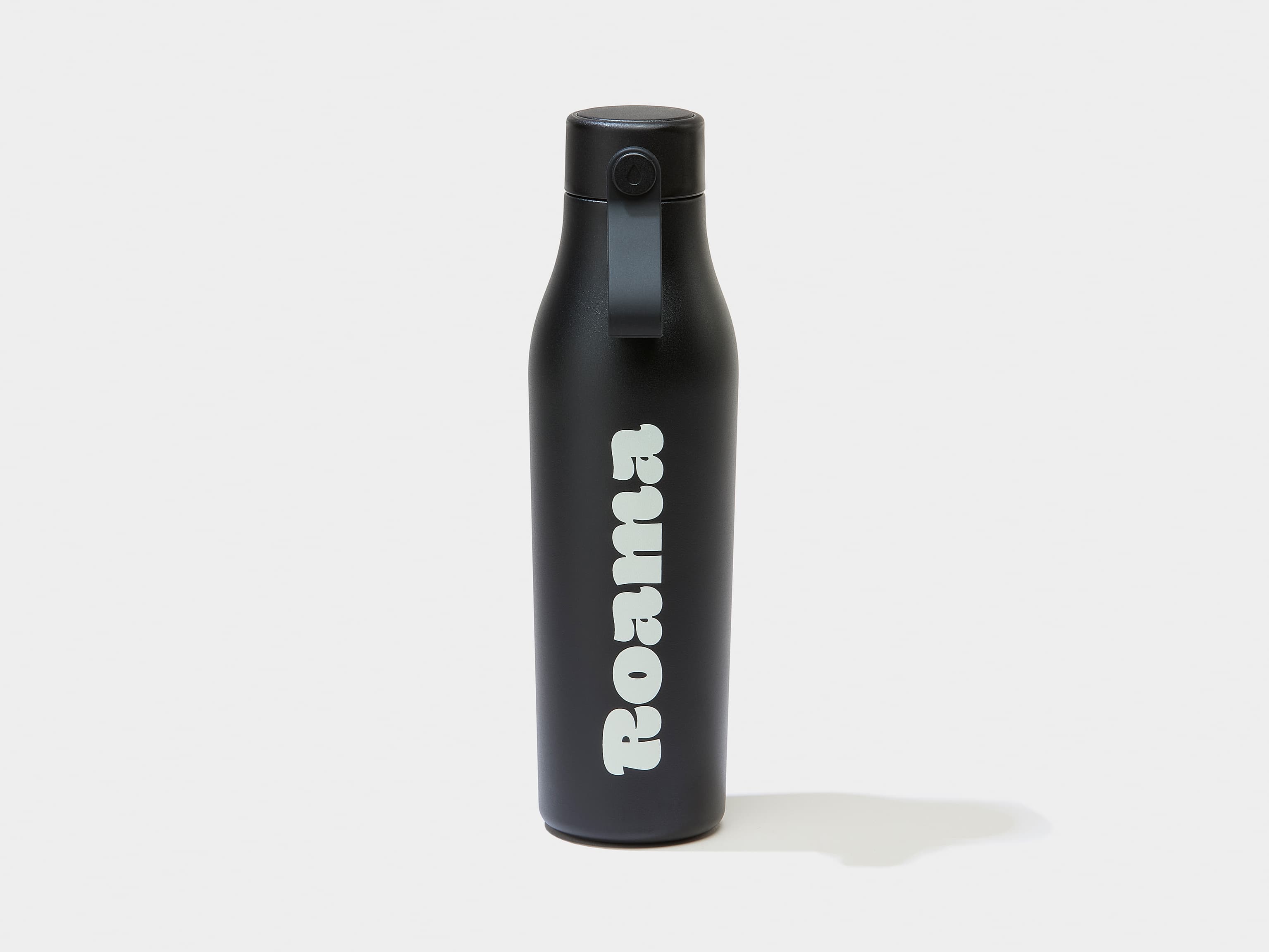 A jet black water bottle with custom white branding.