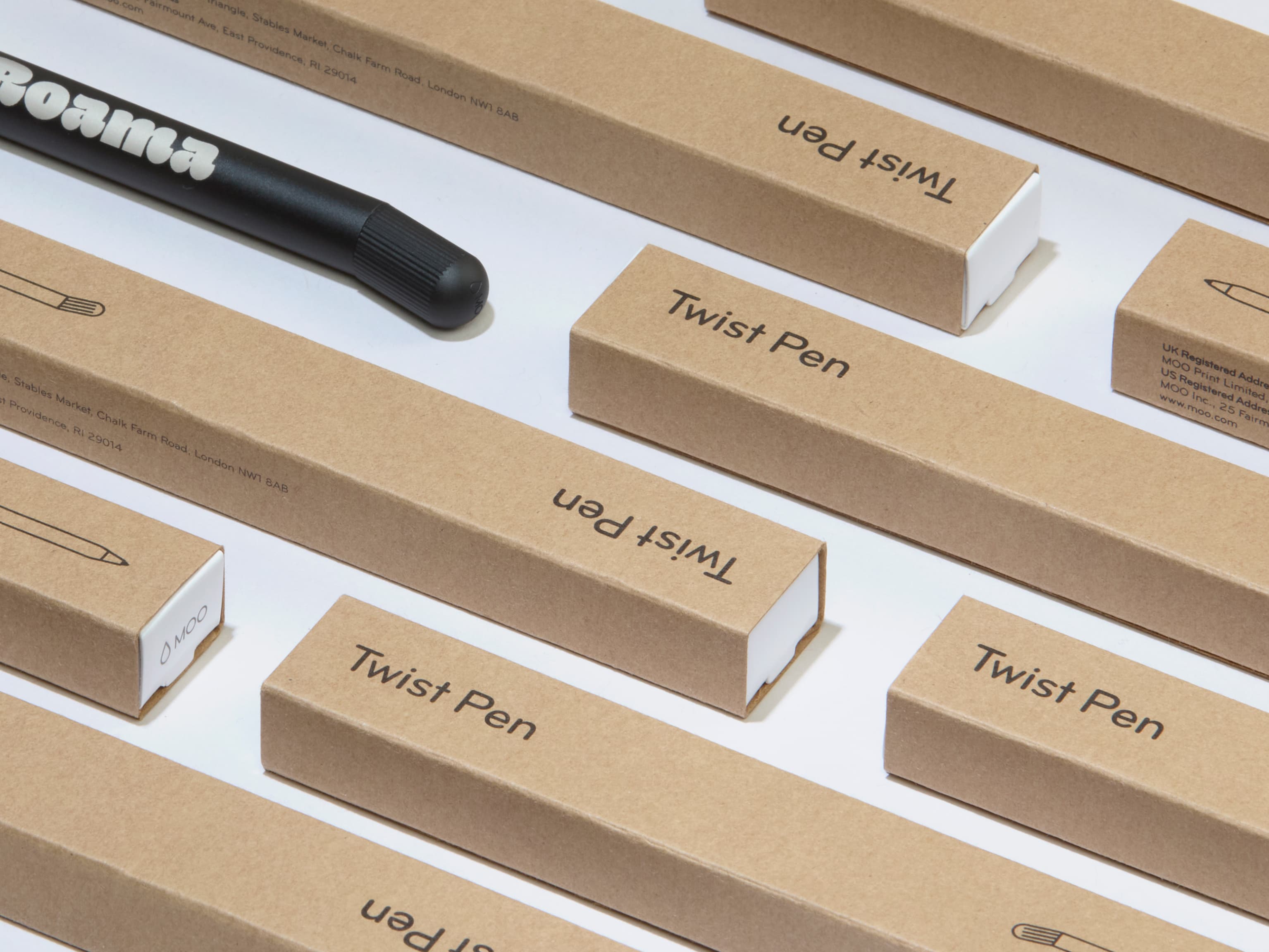 MOO Twist Pen packaging with a custom black pen.