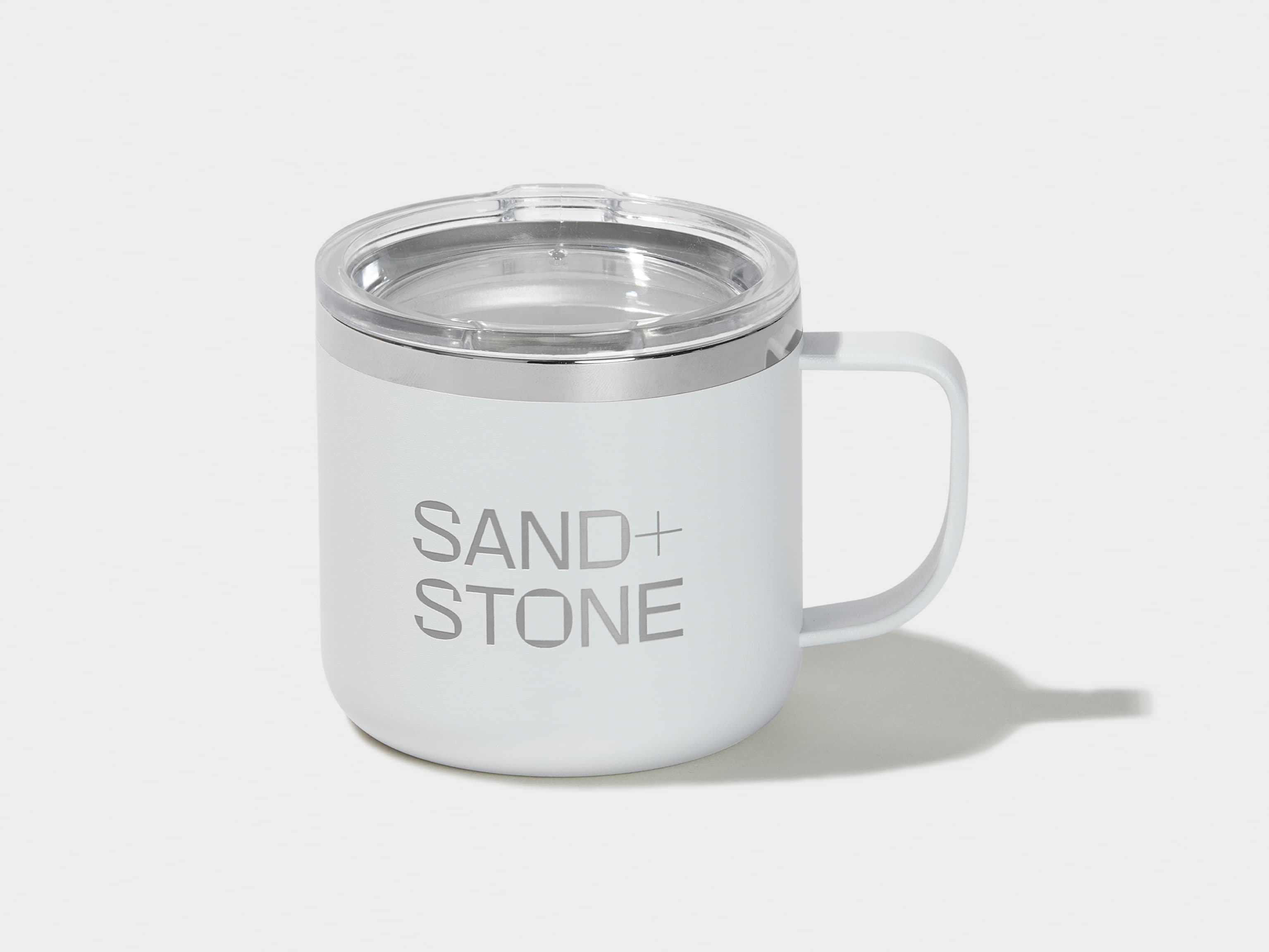 A cloudy grey insulated mug with customised branding.