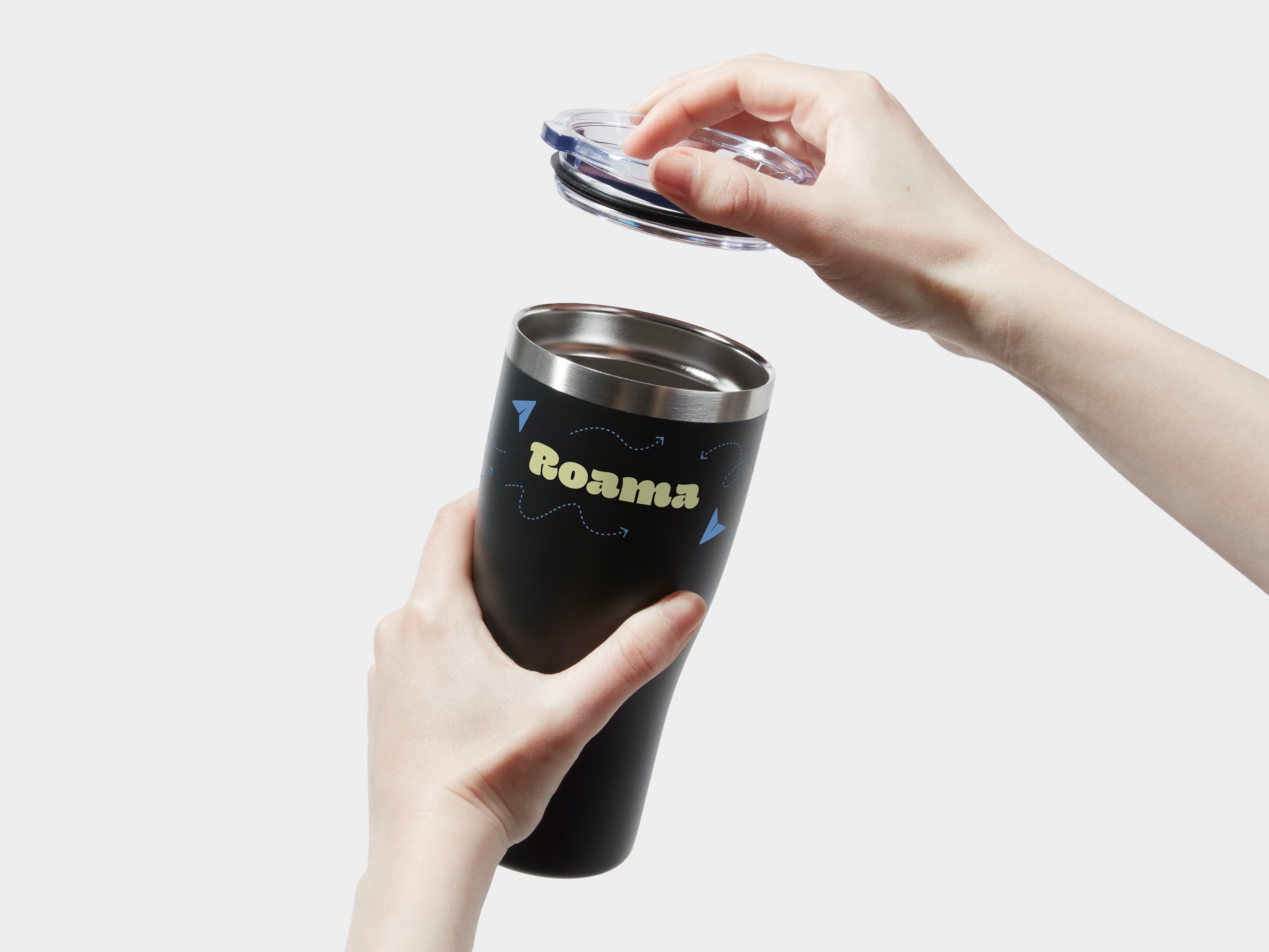 Two hands taking off the lid of a Insulated Tumbler in Jet Black with 360 wrap printing customisation