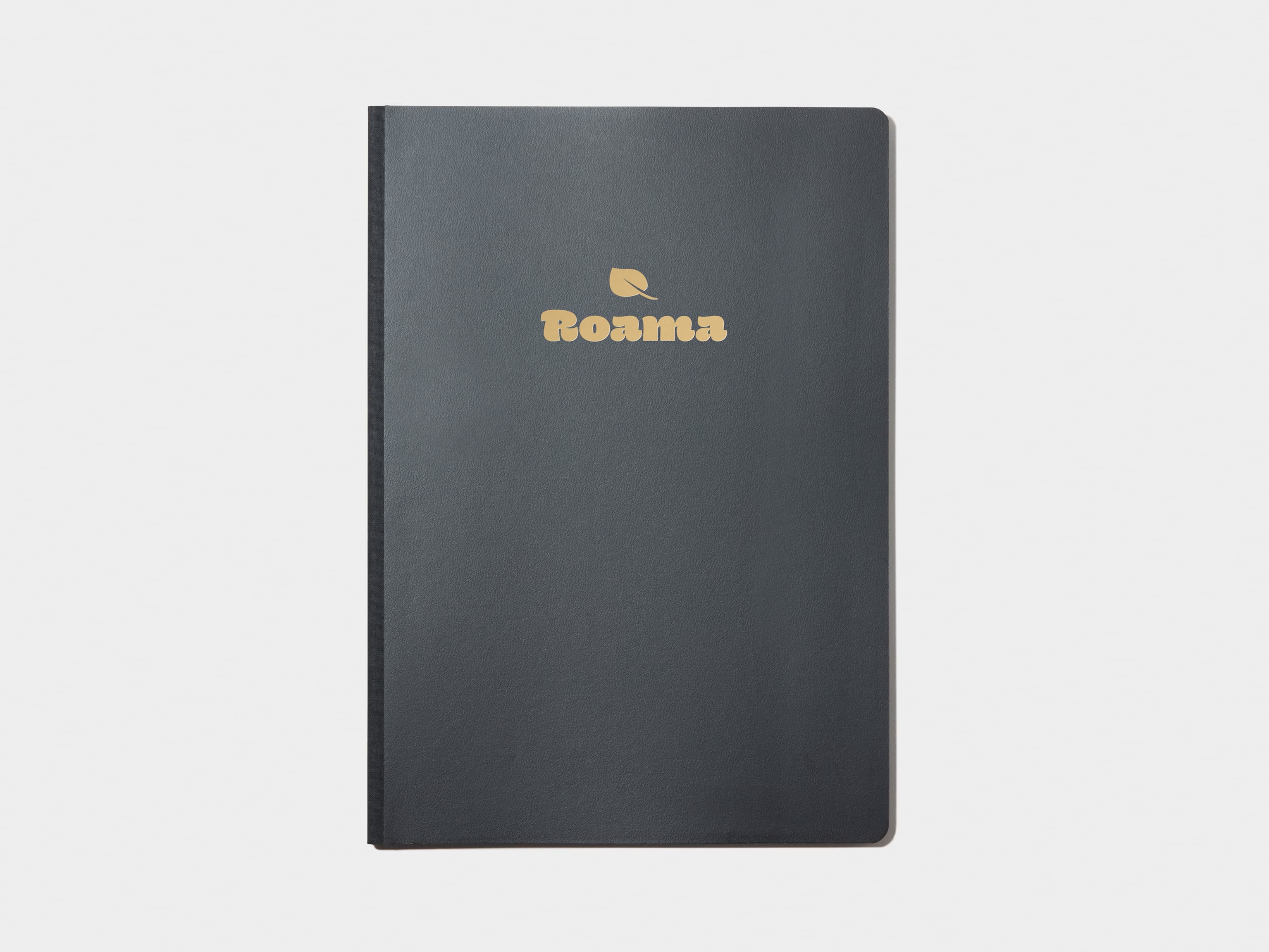 A large jet black softcover notebook with gold foil customisation.