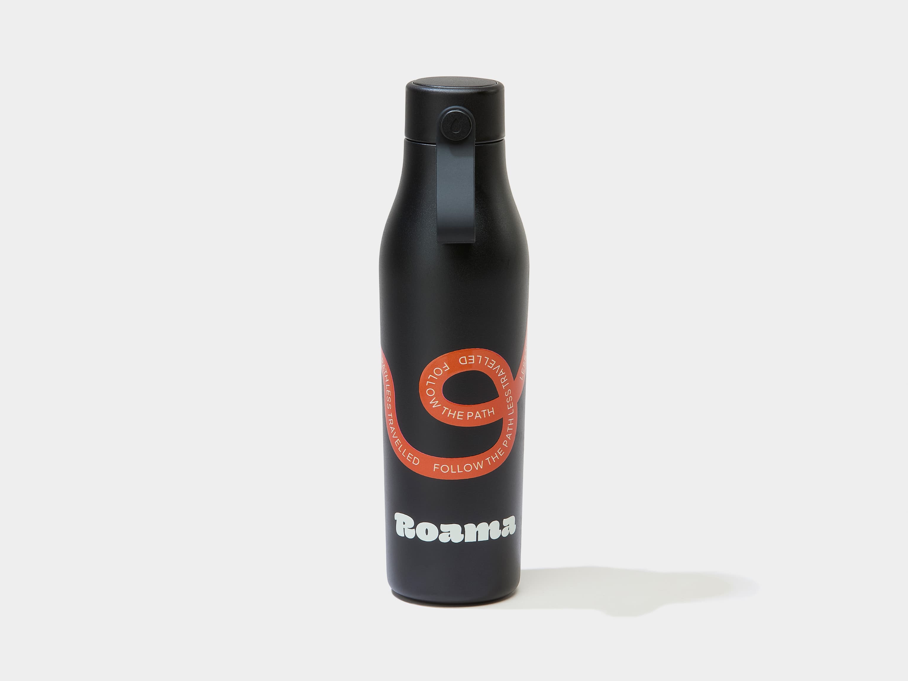 A black custom water bottle.