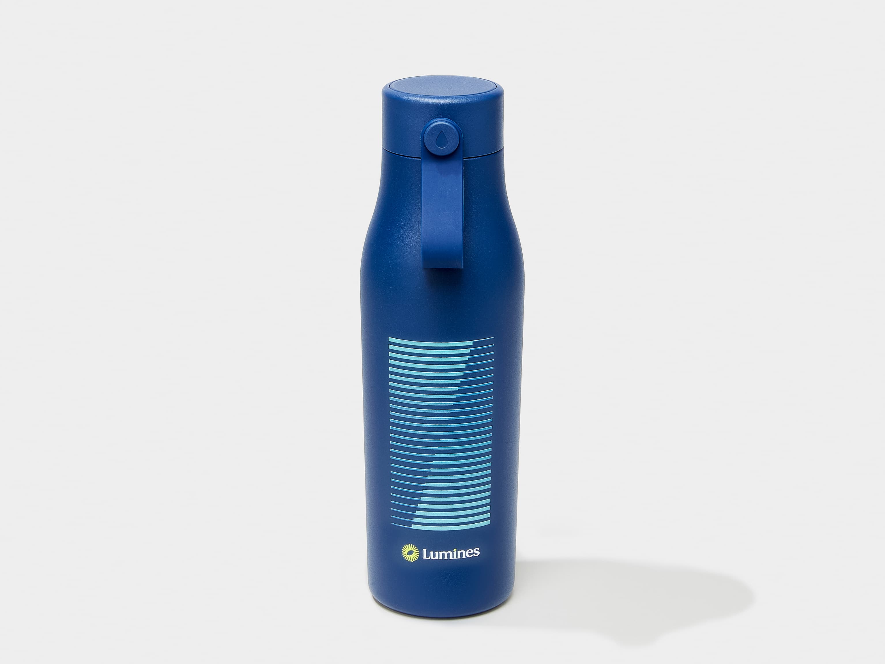 A midnight blue MOO water bottle with printing customization.