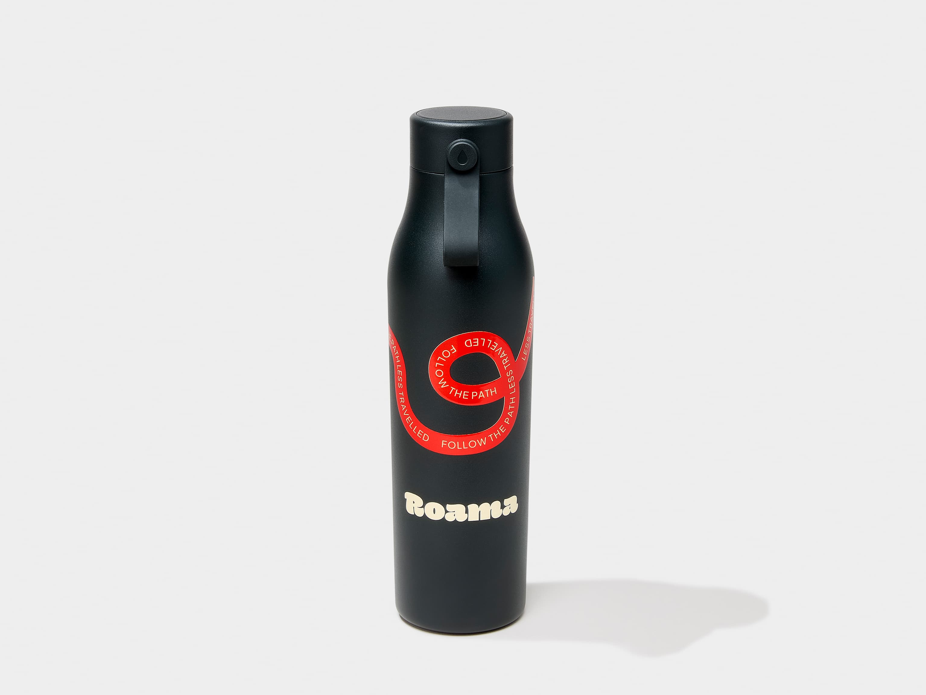 A jet black MOO water bottle with custom 360 wrap printing.