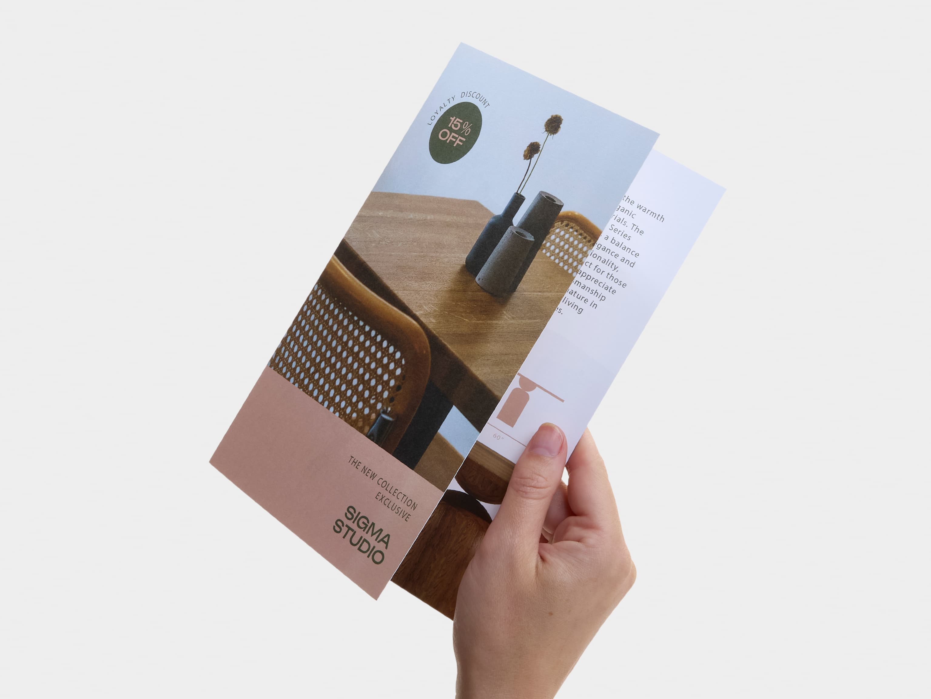 A hand holding a bi-fold brochure in matte paper.