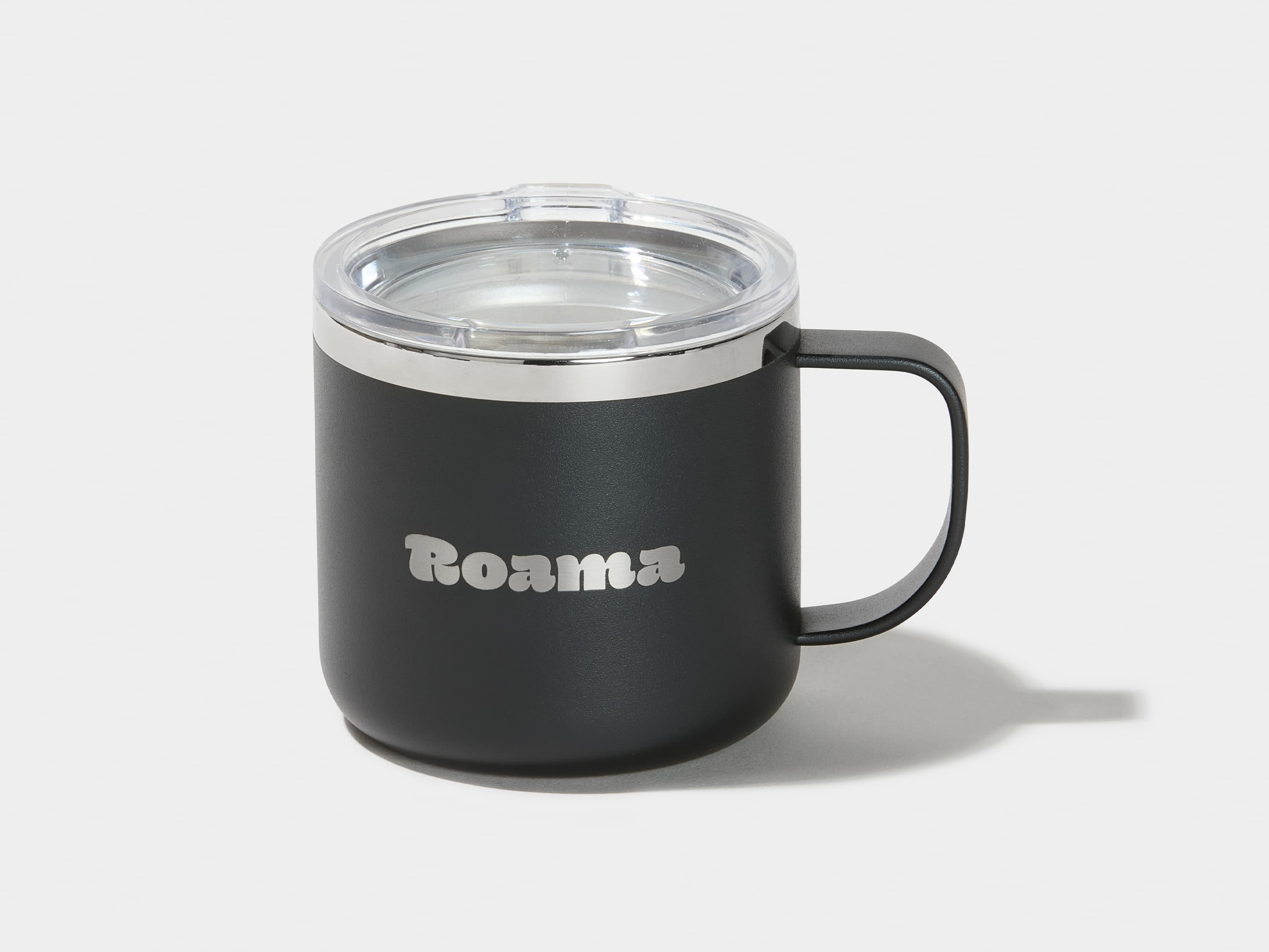 A black insulated mug with customised branding.