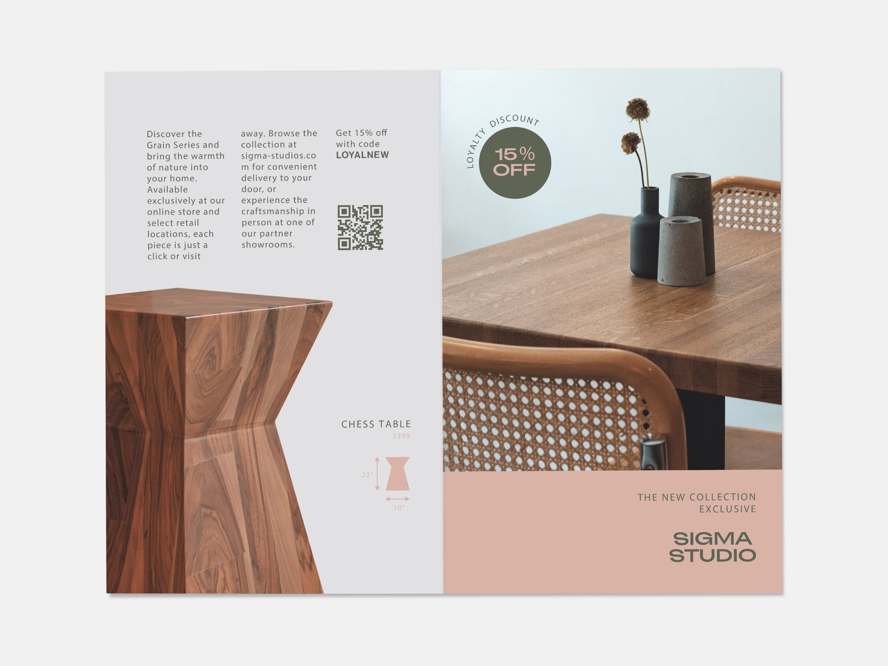 A matte bi-fold brochure laid out flat.