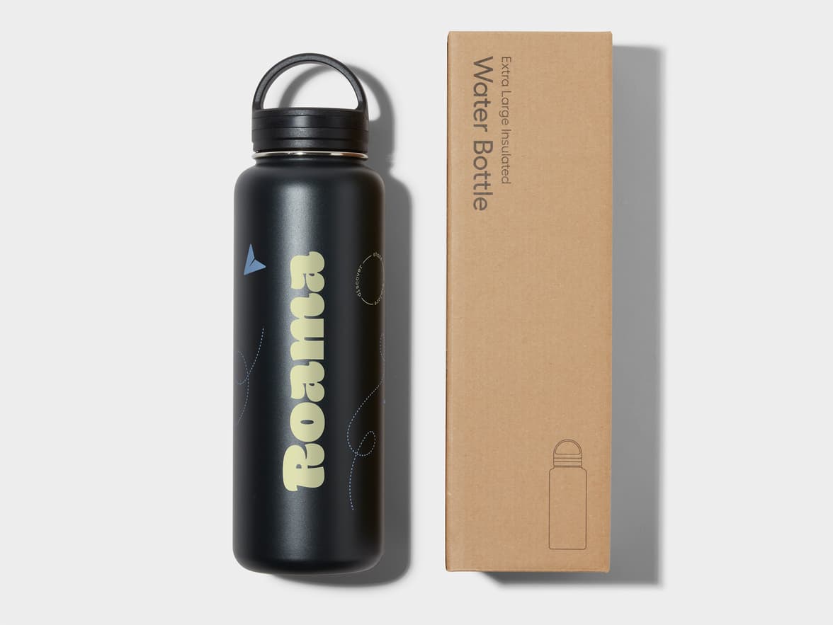 XL Insulated Water Bottle in Jet Black with 360 wrap printing customisation next to its packaging
