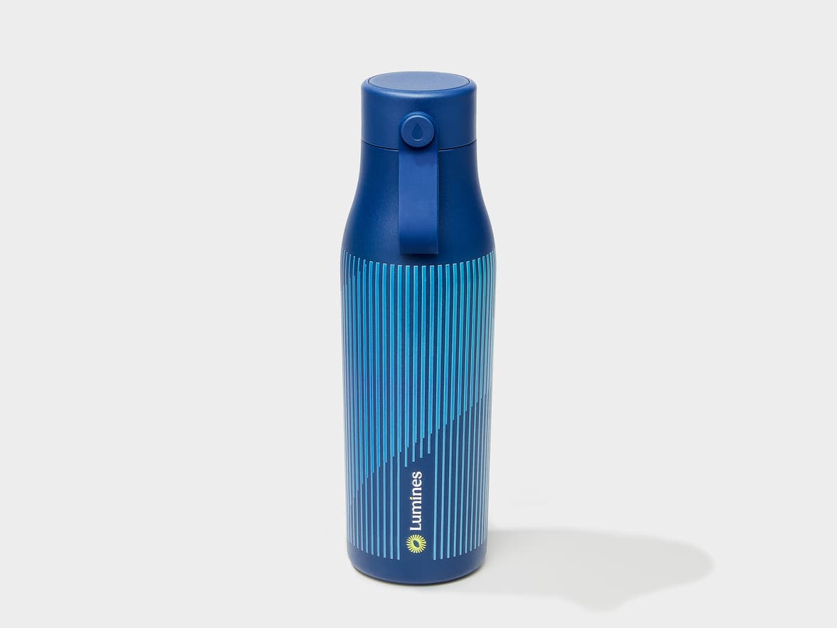 A midnight blue MOO water bottle with 360 wrap printing customization.