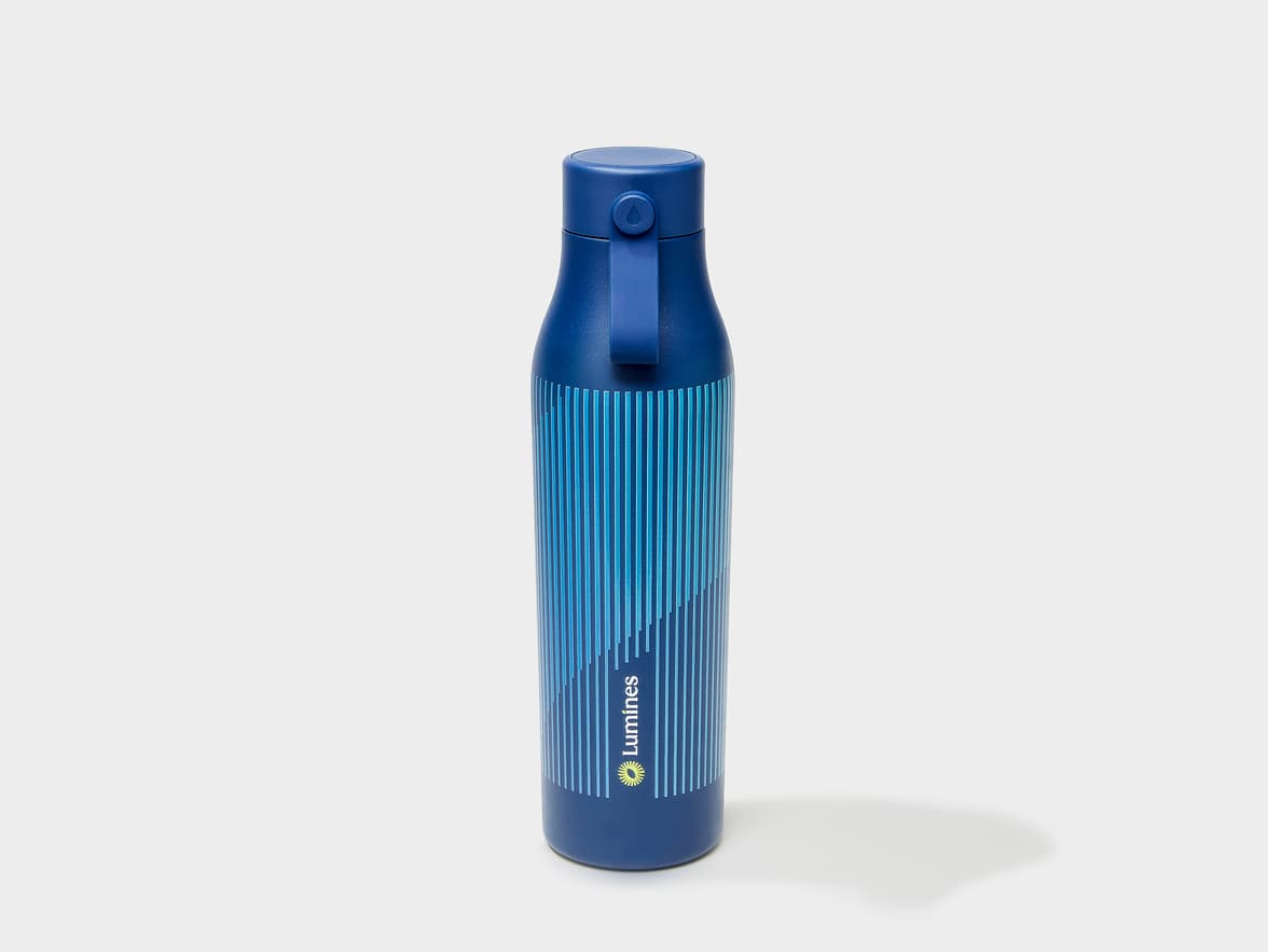 A midnight blue MOO water bottle with custom 360 wrap printing.