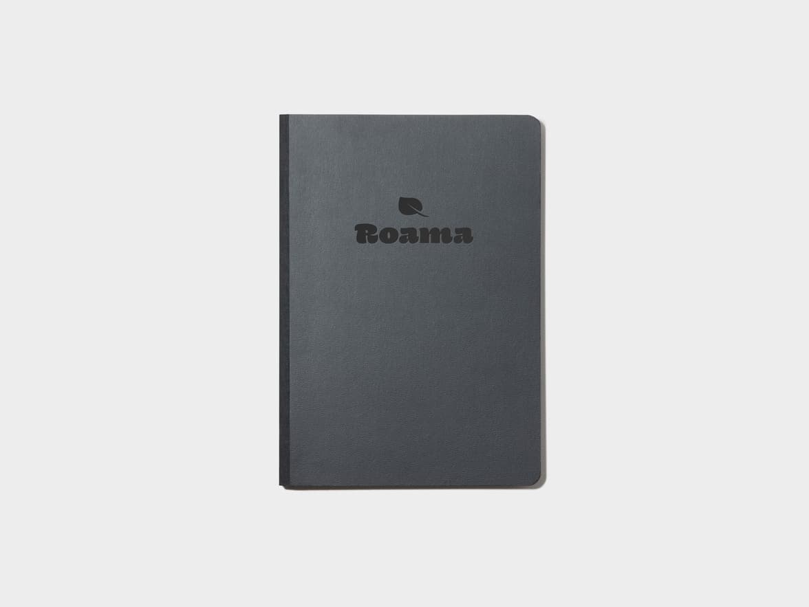 A jet black softcover notebook with black foil customisation.