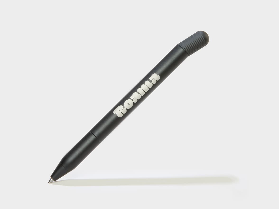 A black pen with custom white branding.