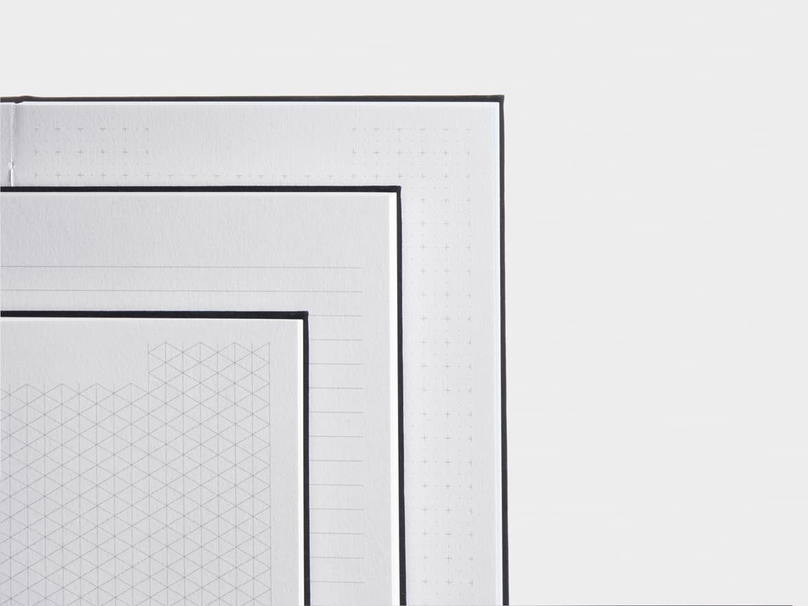 Close ups of opened Jet Black  Planners with various dotted and lined page types 