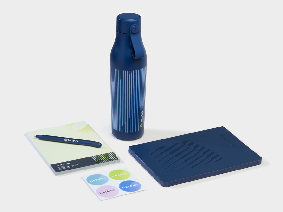 A collection of blue Branded Merchandise.